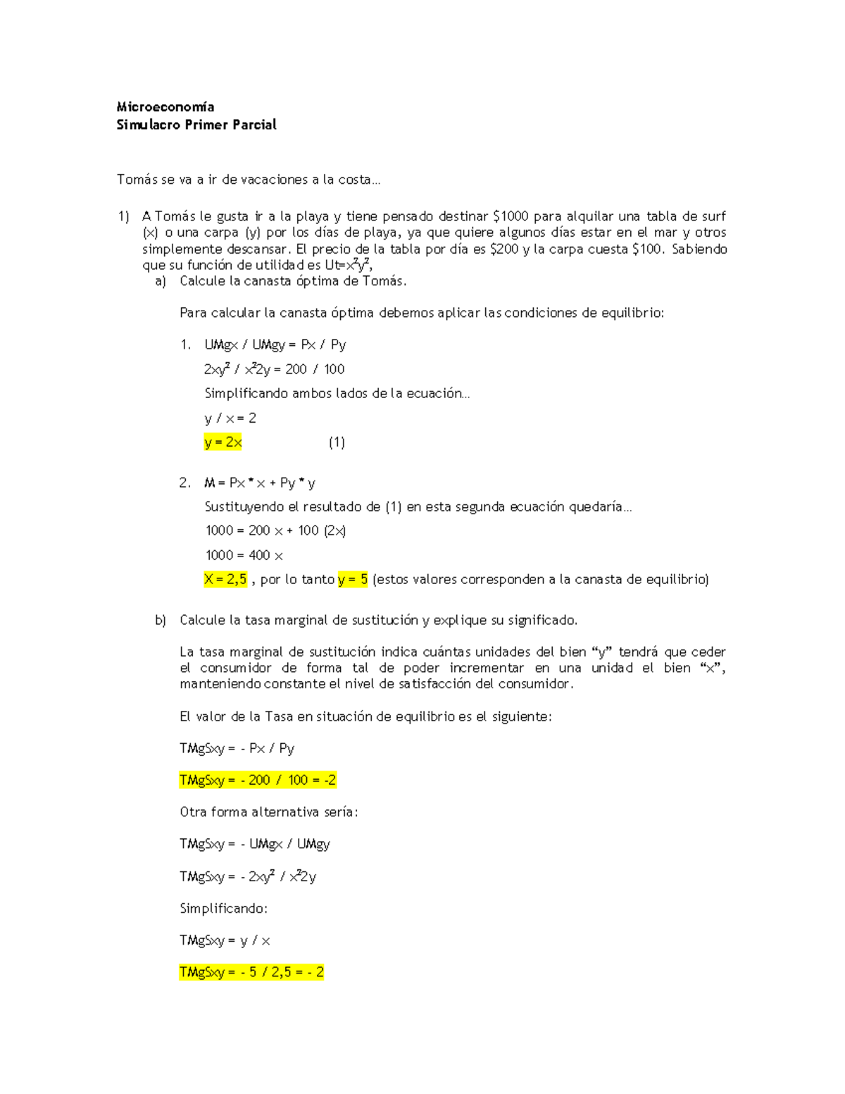 Resolución Simulacro Primer Parcial Micro - Microeconomía Simulacro ...