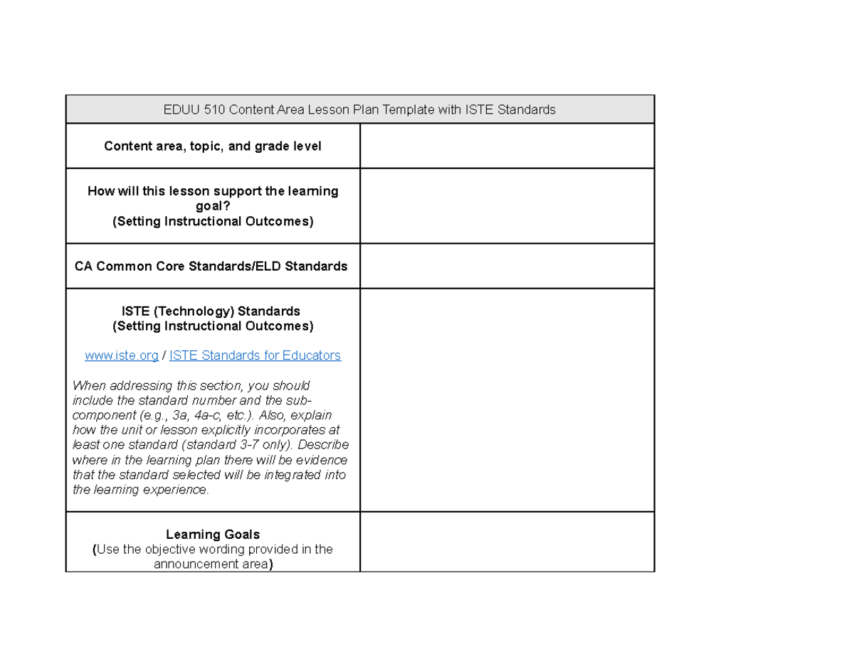 EDUU 510 Week 8 Assignment Lesson Plan Template with ISTE - EDUU 510 ...