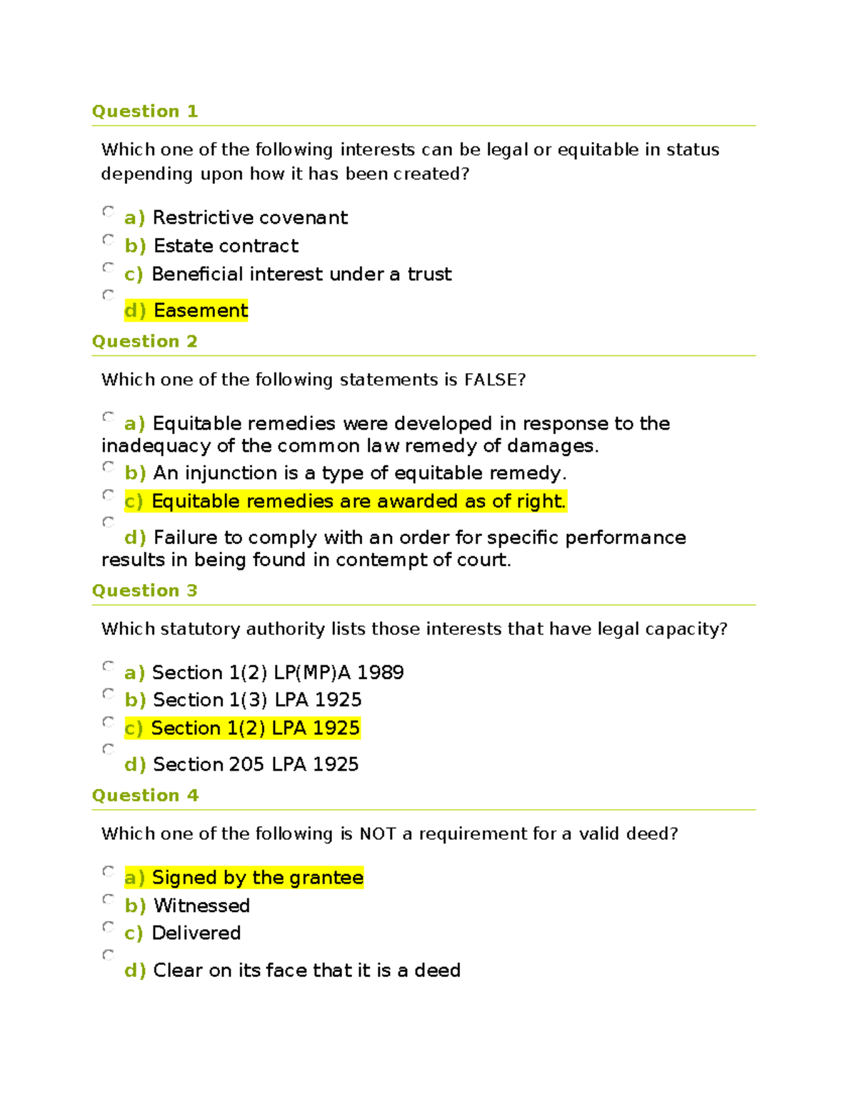 Property law questions - Question 1 Which one of the following ...