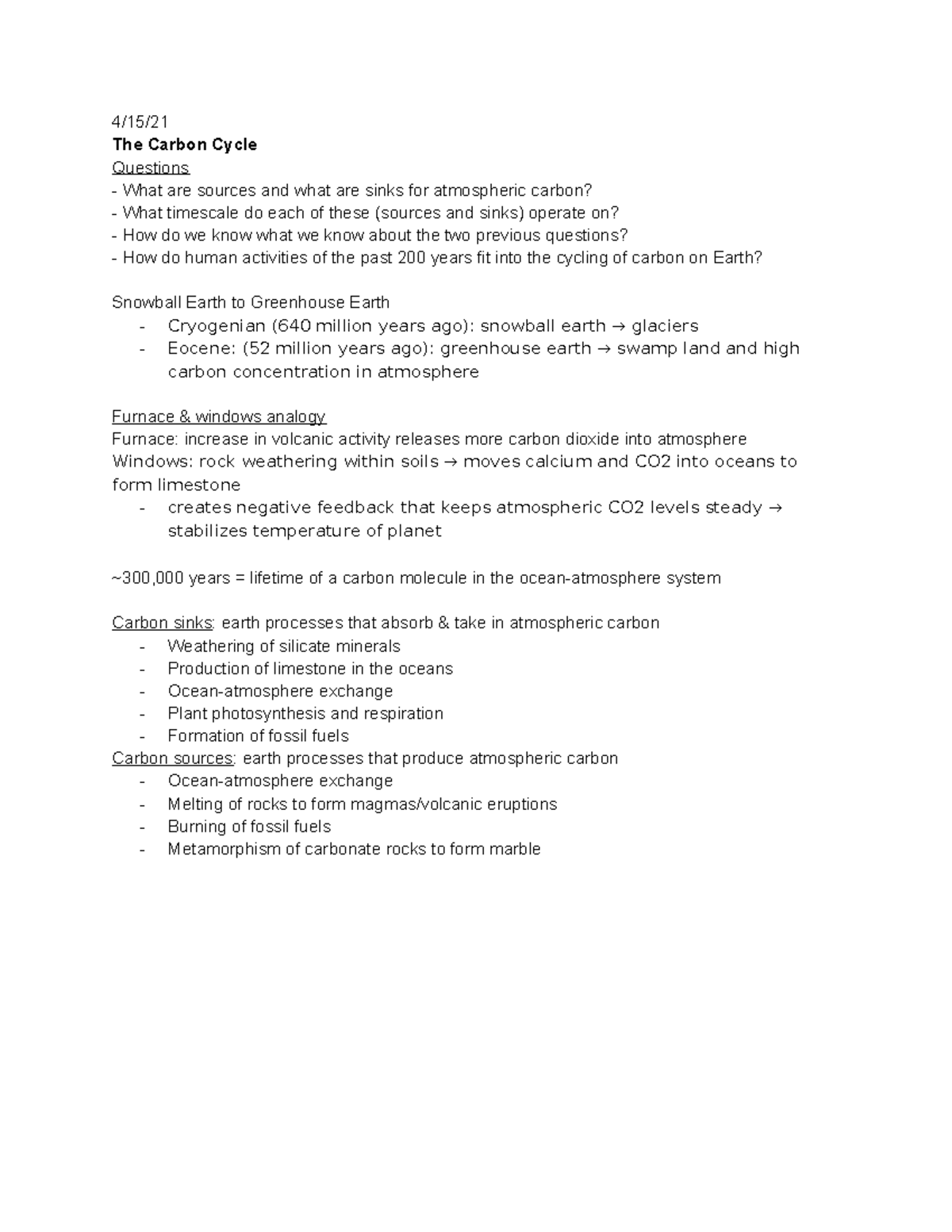 The carbon cycle - Lecture notes 6 - 4/15/ The Carbon Cycle Questions ...