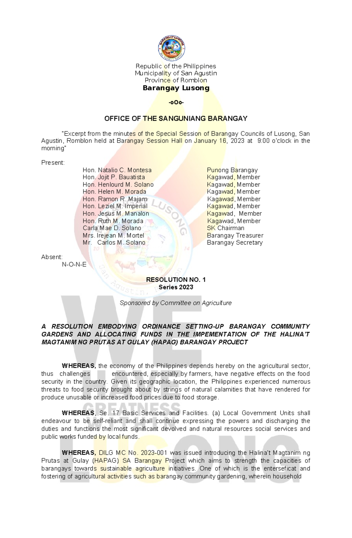 689444311 Barangay Hapag Ordinance - Republic of the Philippines ...