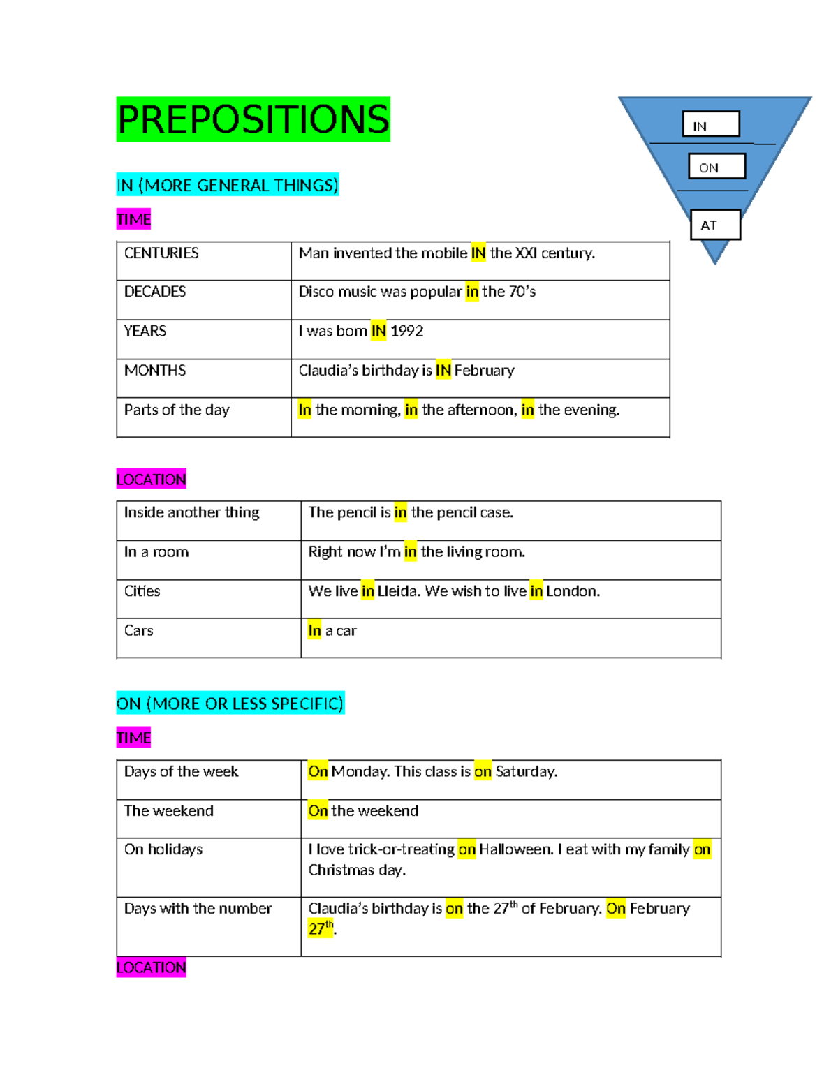 Prepositions and Articles - PREPOSITIONS IN (MORE GENERAL THINGS) TIME ...