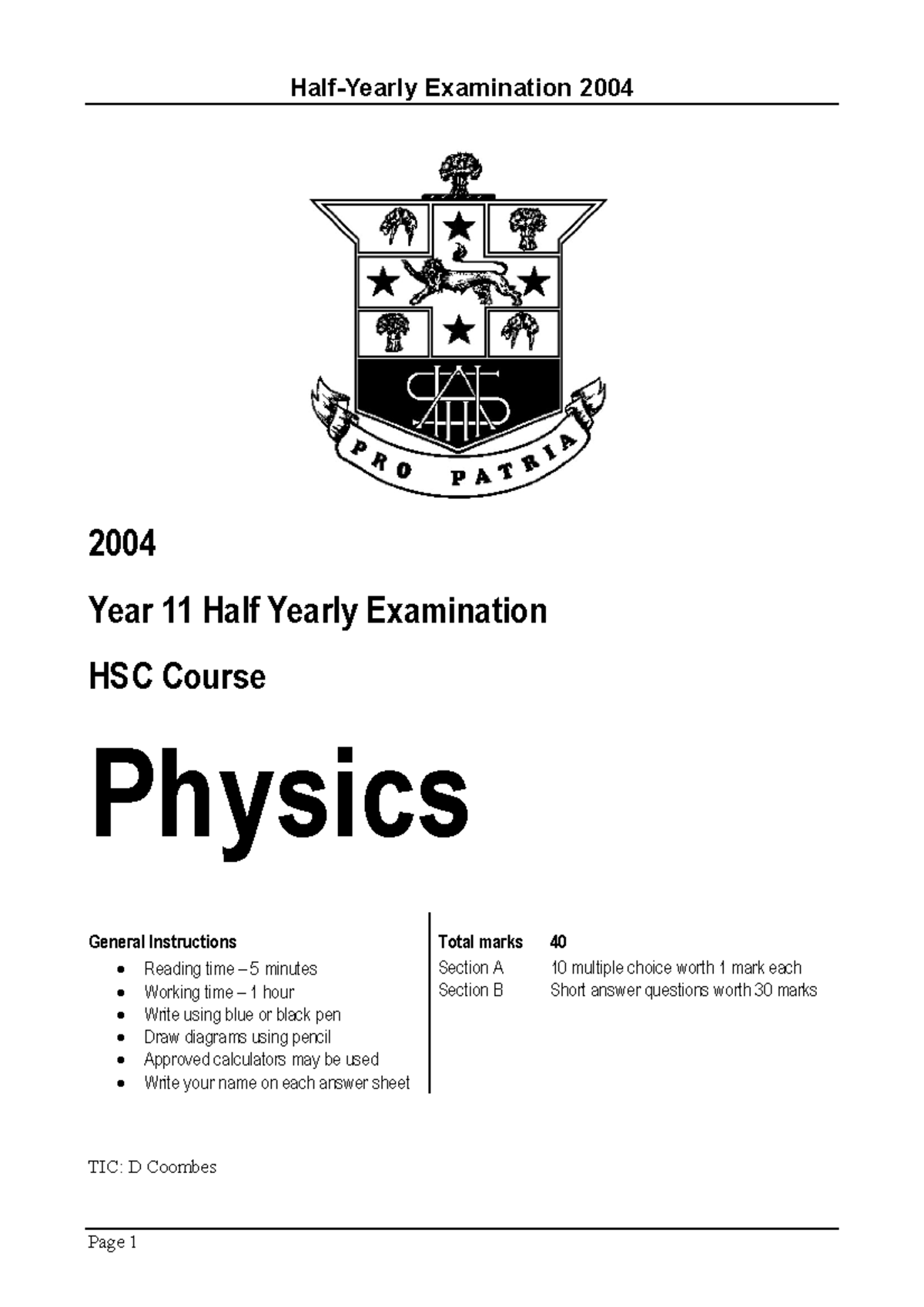 Hurlstone 2004 Physics Prelim HY - 2004 Year 11 Half Yearly Examination ...
