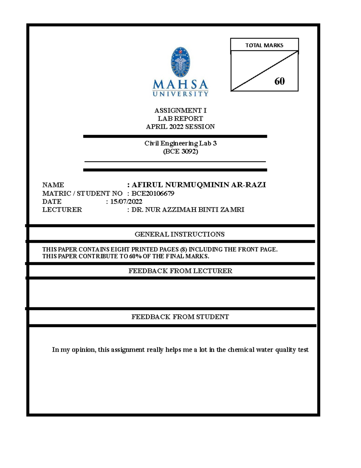 CEL3 Lab 3 report template Chemical Water Quality Test (BOD) ASSIGNMENT I LAB REPORT APRIL