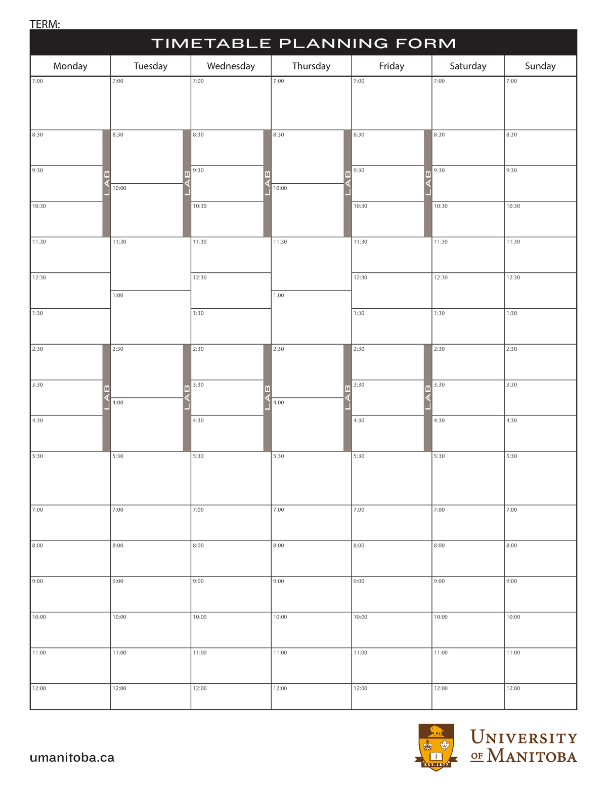 Timetable Planning Form - Timetable Planning Form 7:00 Monday 7:00 