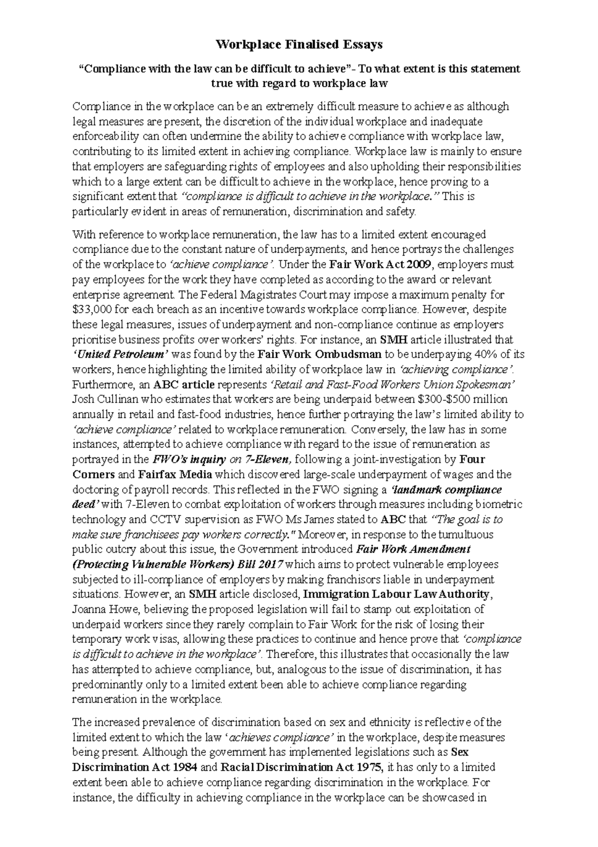 Workplace Finalised Essays - Workplace Finalised Essays “Compliance ...