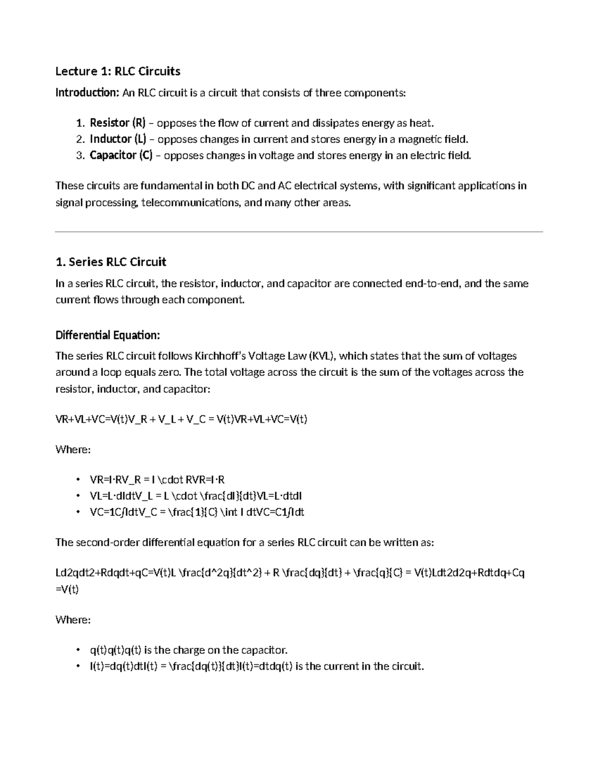 Lession 1 Notes - Lecture 1: RLC Circuits Introduction: An RLC circuit ...