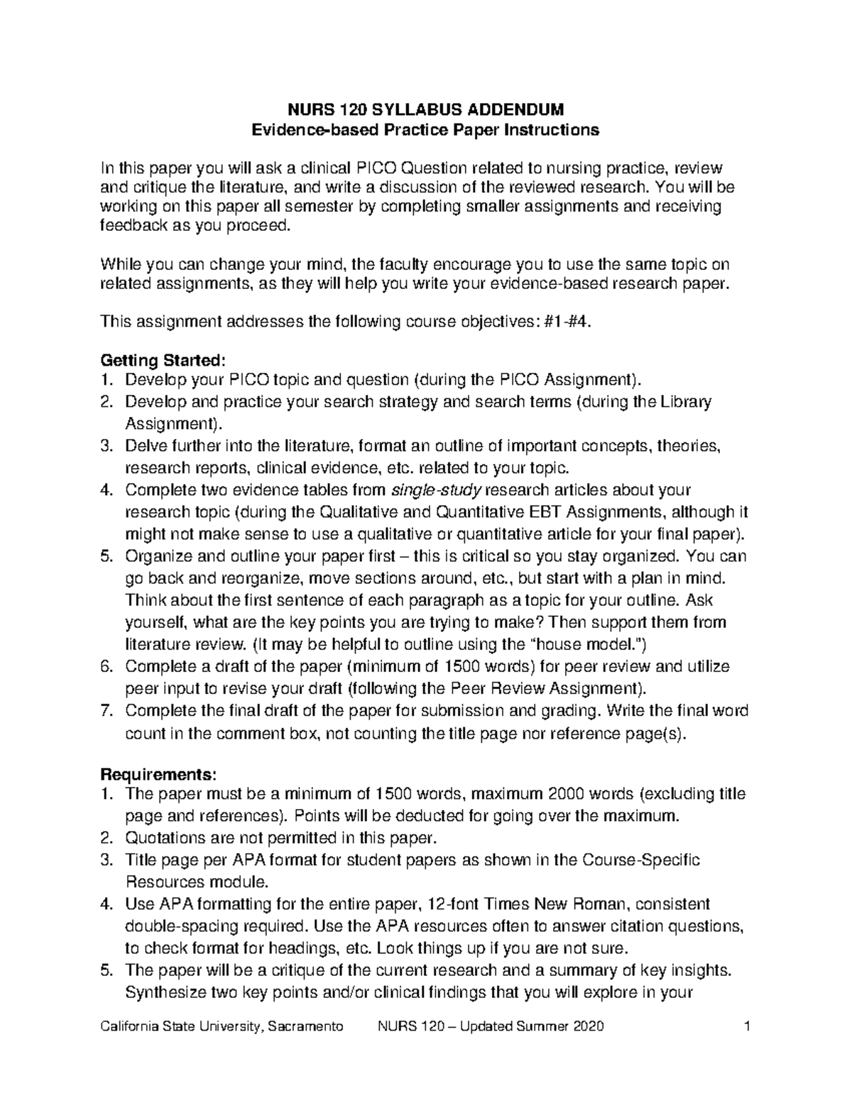 N120 Syllabus Addendum - EBP Paper Summer 20 - NURS 120 SYLLABUS ...