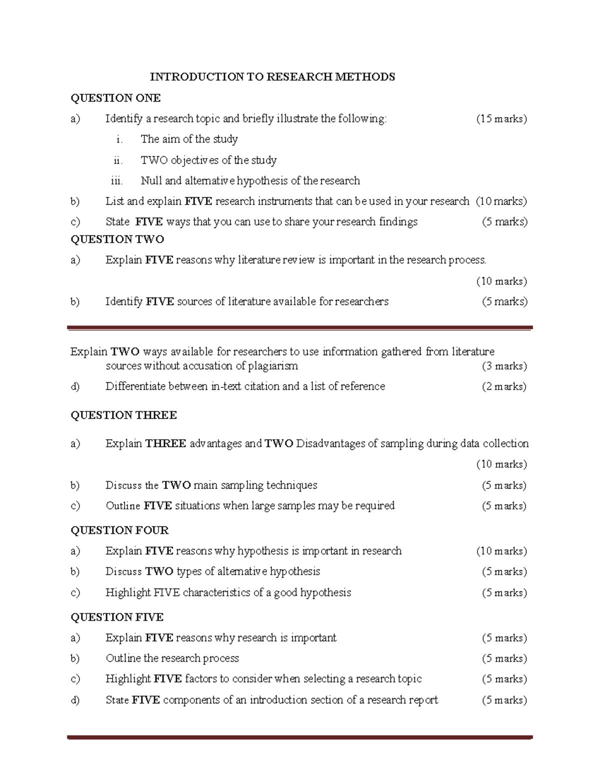 Research Methods Exam Ii - INTRODUCTION TO RESEARCH METHODS QUESTION ...