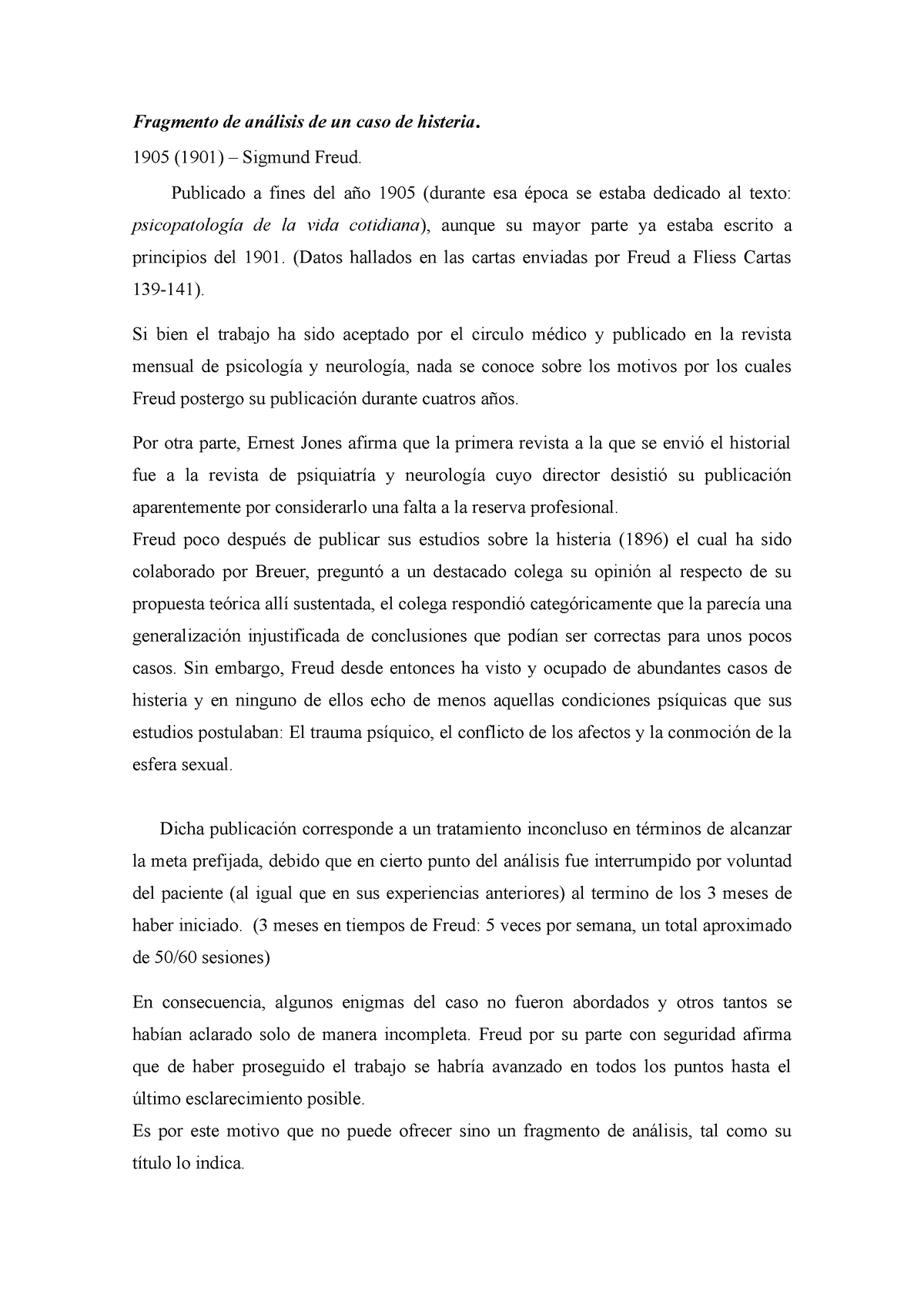 Fragmento DE UN CASO DE Histeria DORA - Fragmento De Análisis De Un ...