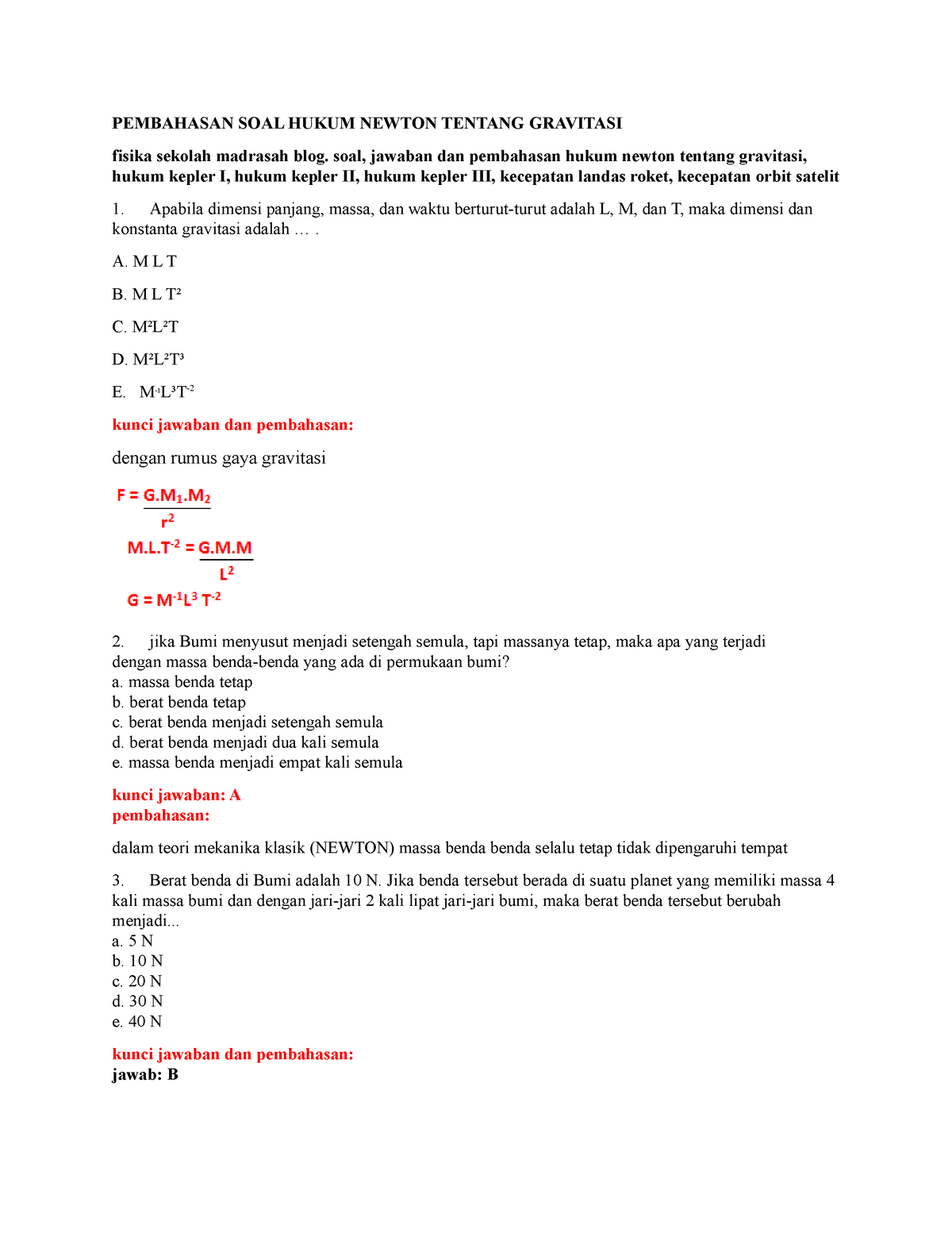 Pembahasan Soal Materi Fisika X Sem Pembahasan Soal Hukum Newton Tentang Gravitasi