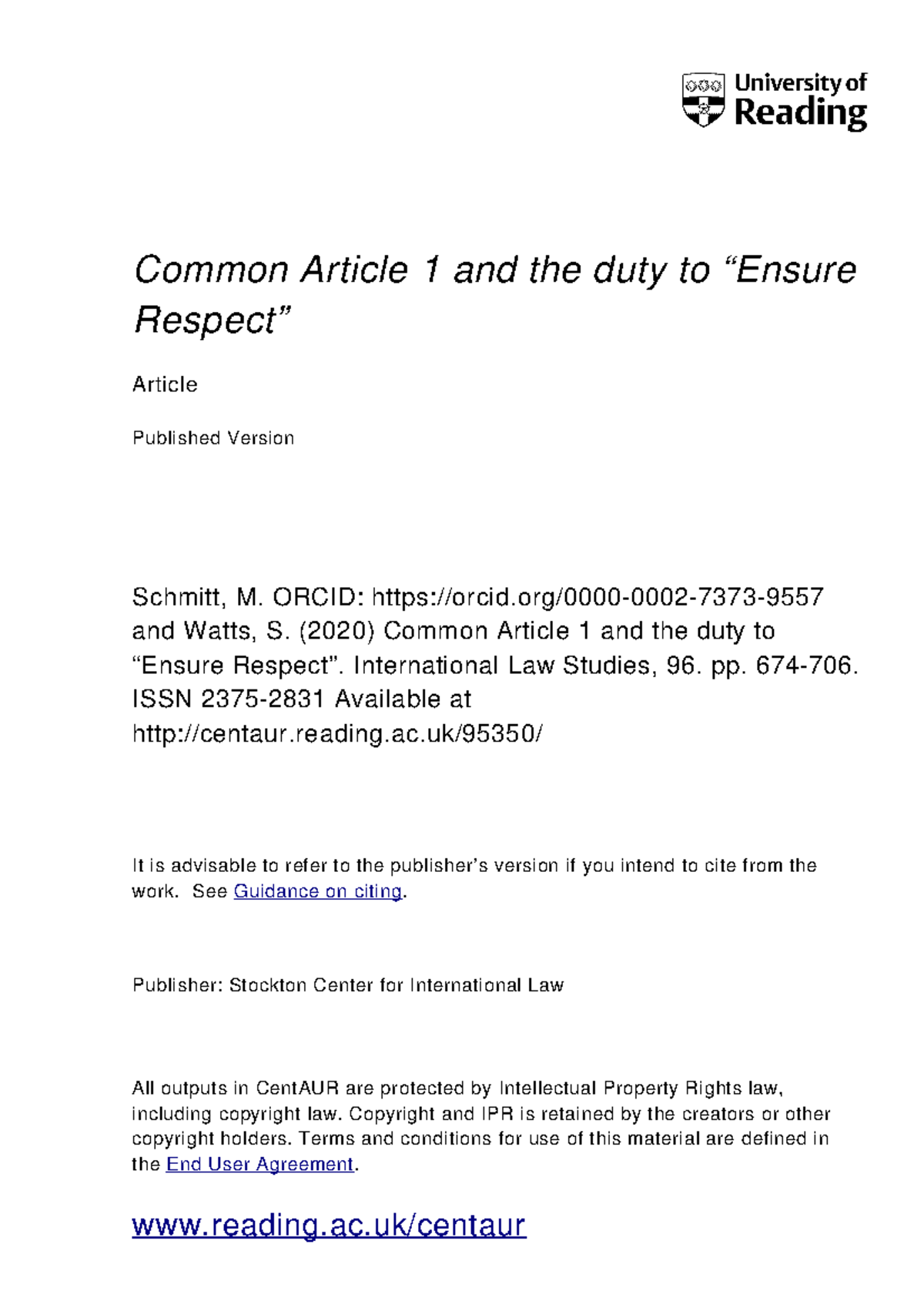 Common Article 1 and the Duty to Ensure Respect - Common Article 1 and ...