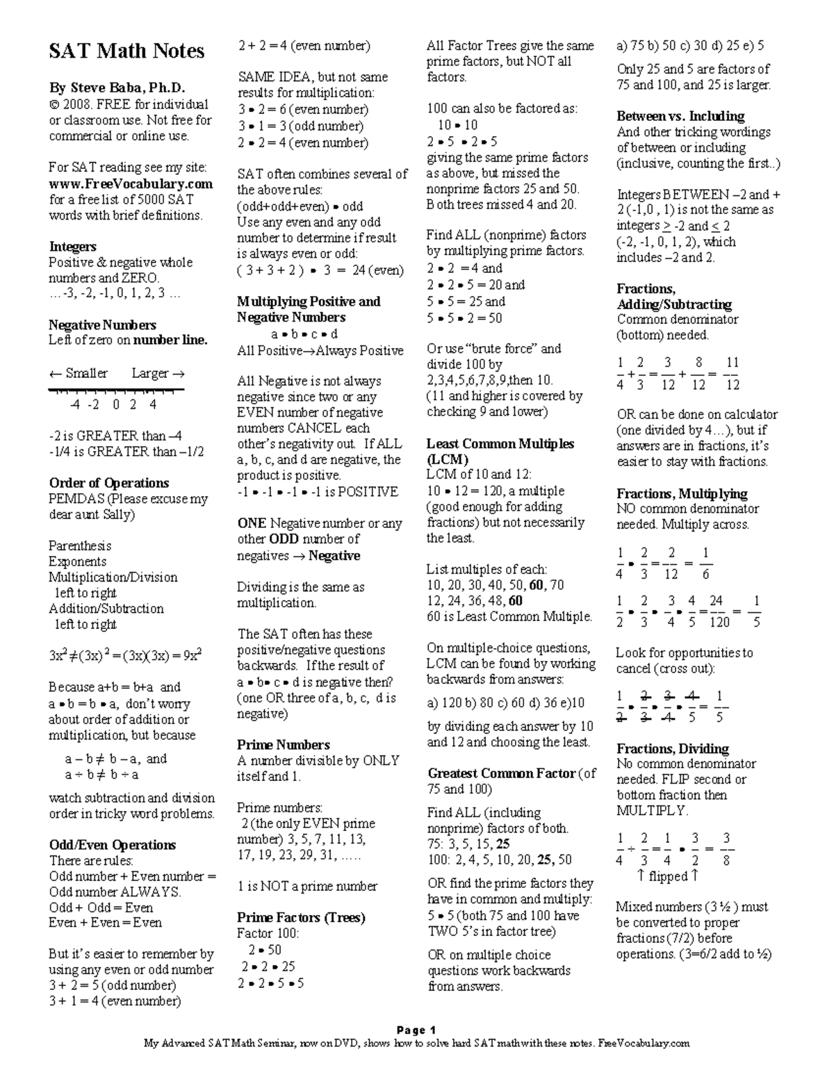 SATMathematics Notes Page 1 SAT Math Notes By Steve Baba Ph 2008 