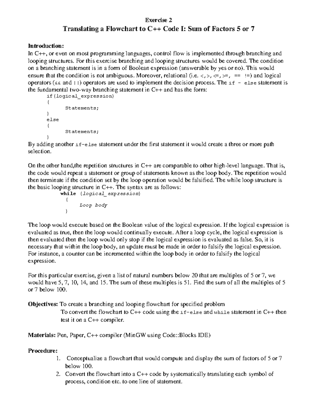 Lab Exercise 2 - Exercise 2 Translating a Flowchart to C++ Code I: Sum ...