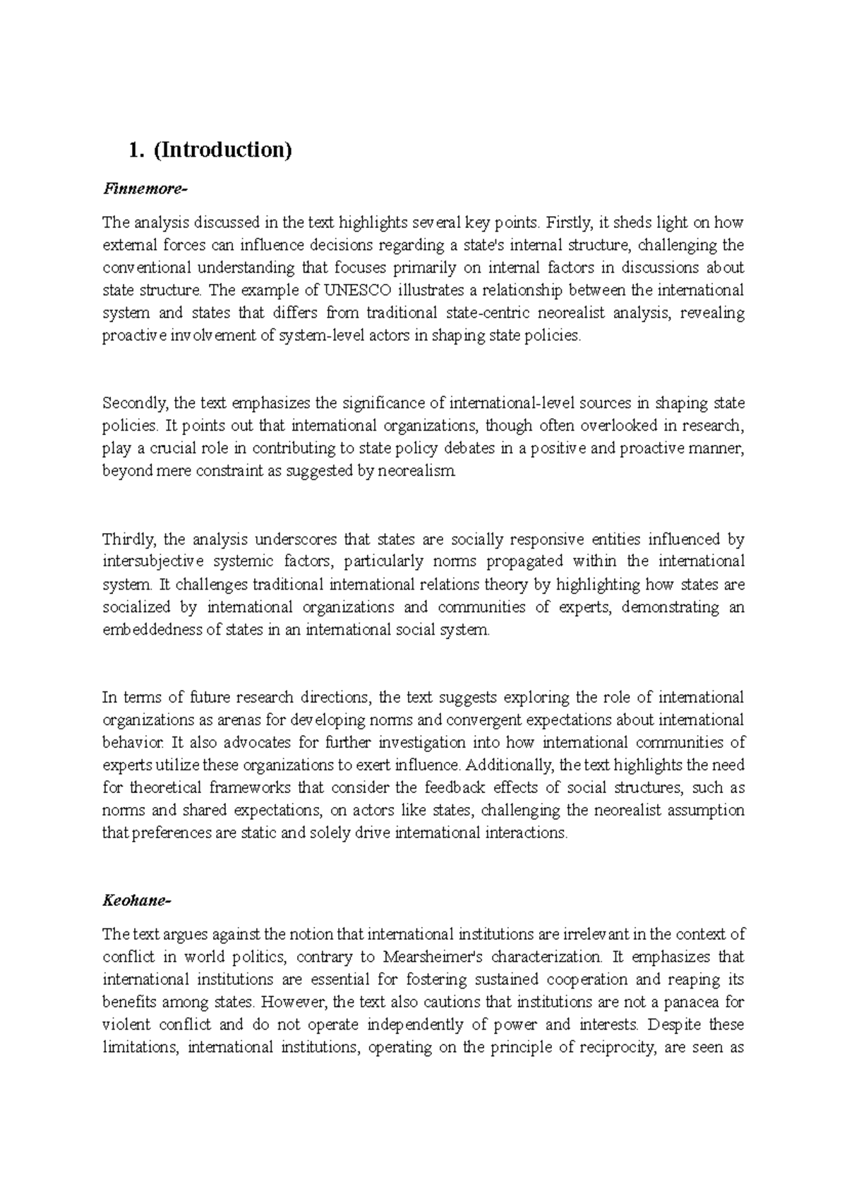 Reading Summaries - 1. (Introduction) Finnemore- The analysis discussed ...