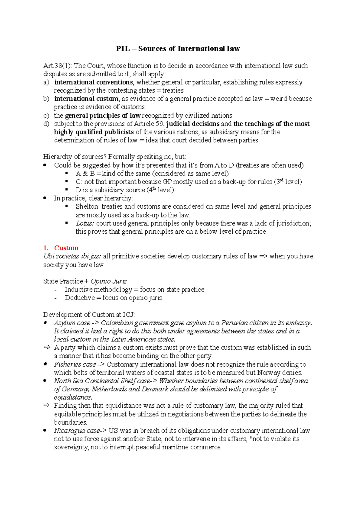 Sources of IL - Lecture notes all - PIL – Sources of International law ...