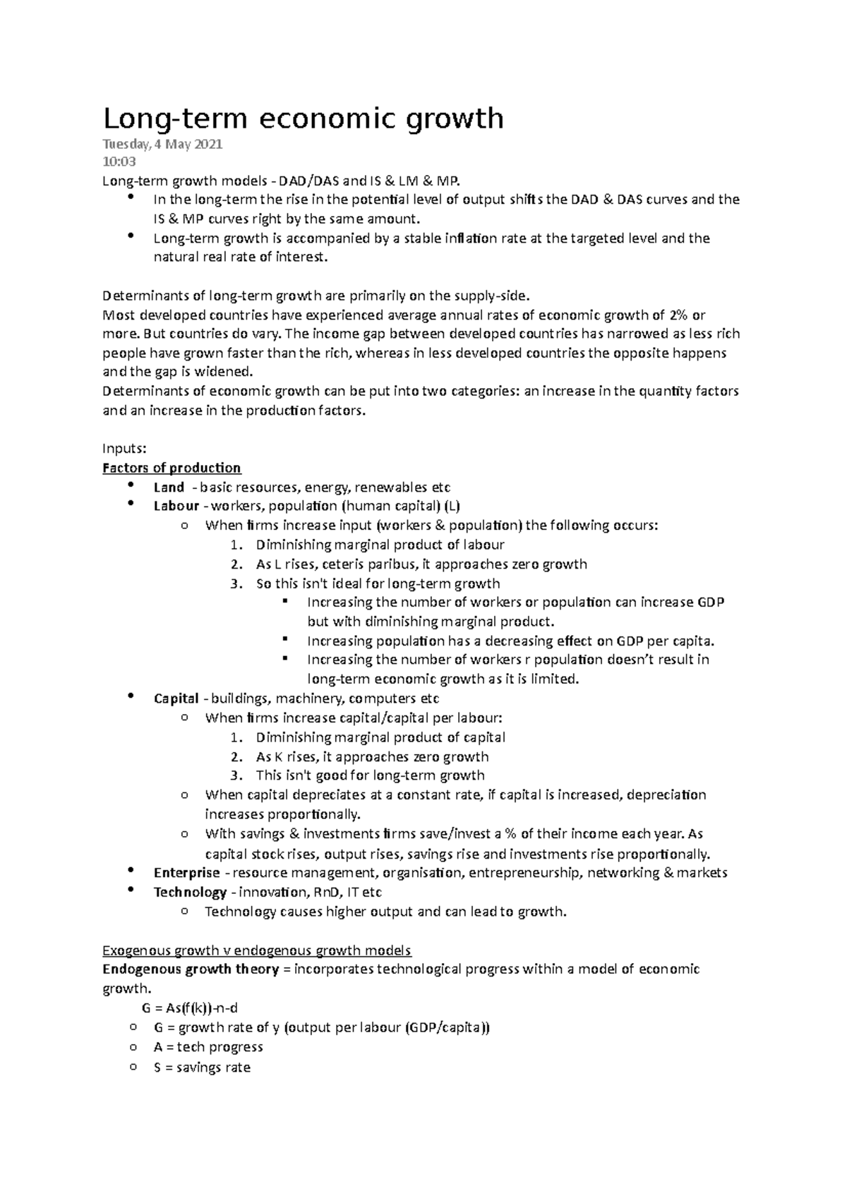 Longterm growth Lecture notes 9 Longterm economic growth Tuesday