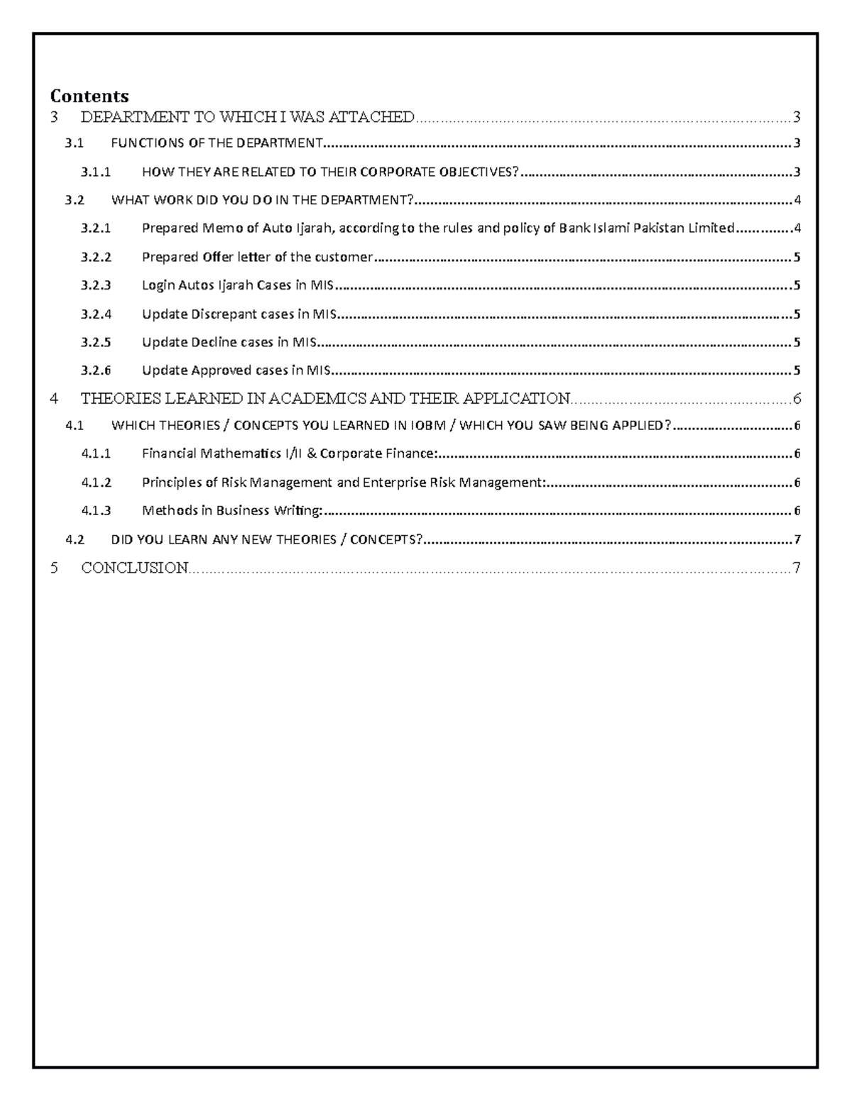 University Report on Bank Islami - Contents 3 DEPARTMENT TO WHICH I WAS ...