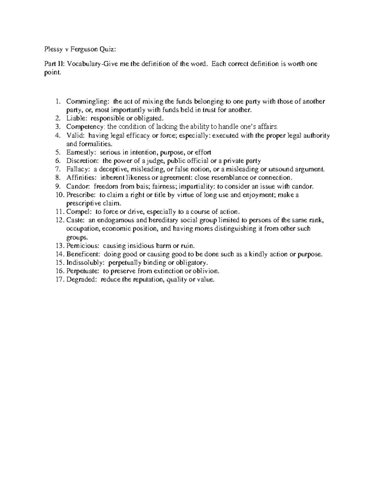 Plessy vs ferguson quiz Plessy v Ferguson Quiz Part II Vocabulary