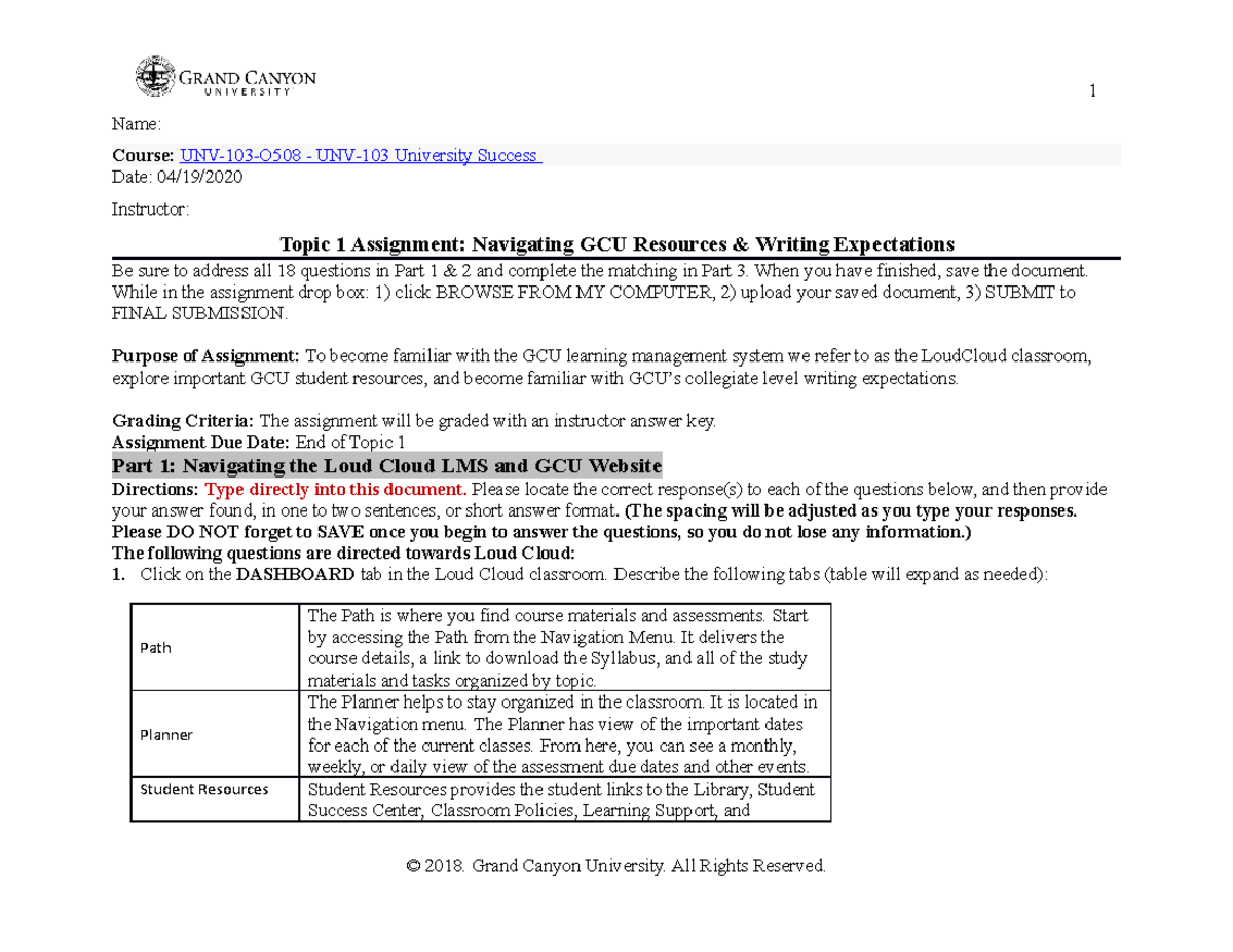 UNV103 T1 Navigating LC5 Online - Name: Course: UNV-103-O508 - UNV-103 ...