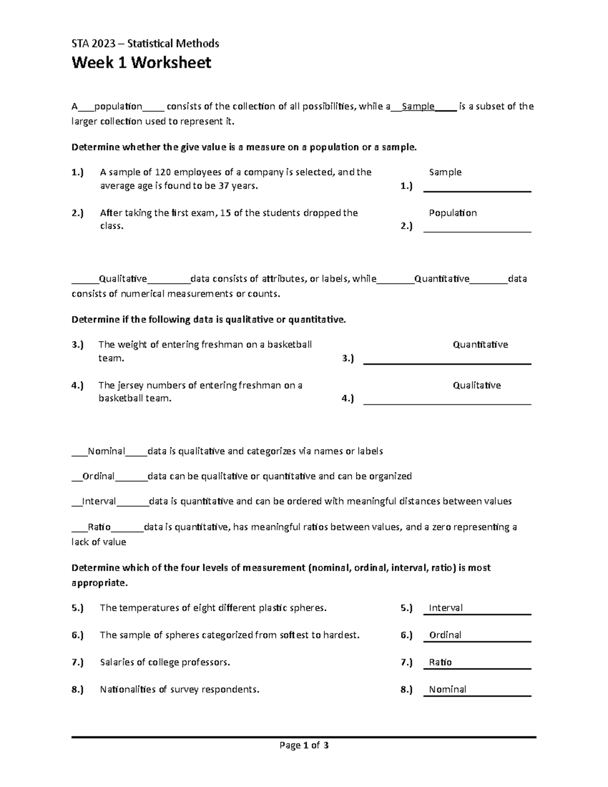 STA 2023 Week 1 Worksheet - STA 2023 – Staisical Methods Week 1 ...