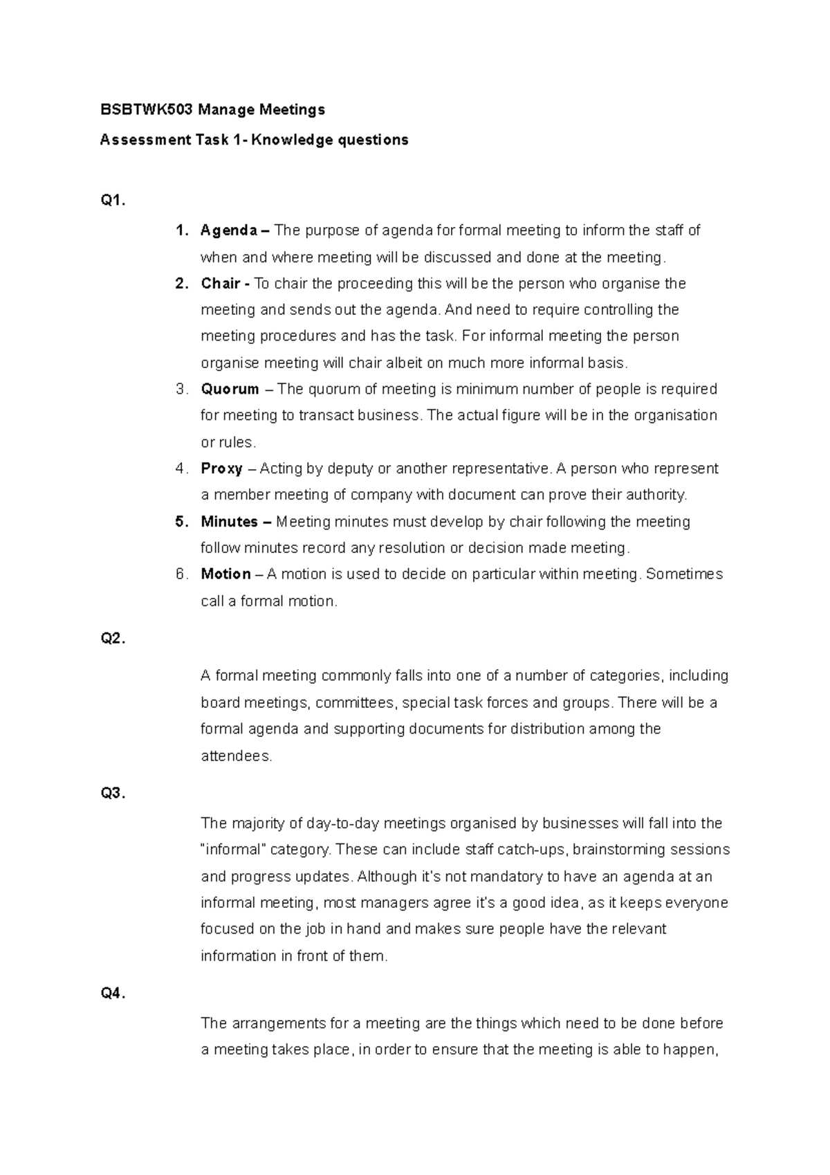 Bsbtwk 503 Manage Meetings Task1 BSBTWK503 Manage Meetings Assessment 