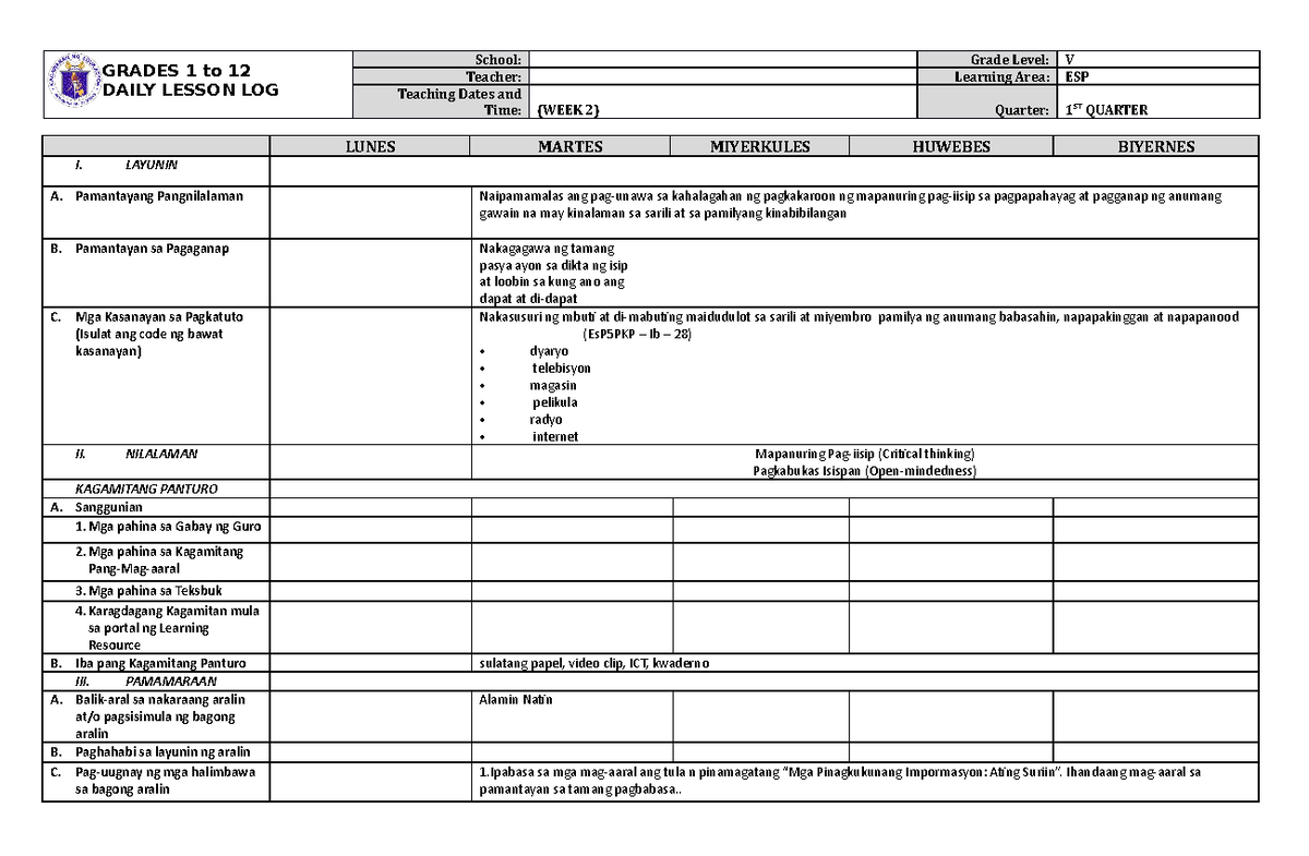 DLL ESP 5 Q1 W2 - None - GRADES 1 to 12 DAILY LESSON LOG School: Grade ...