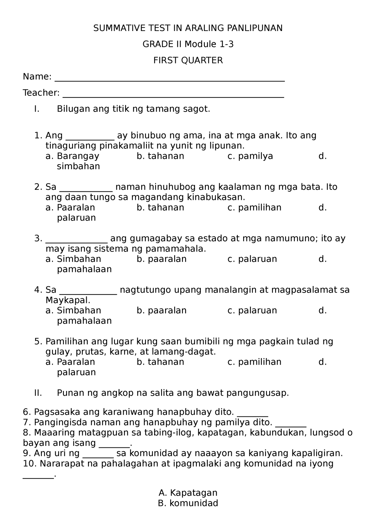 Summative Test In Araling Panlipunan Summative Test In Araling Panlipunan Grade Ii Module 1 0542