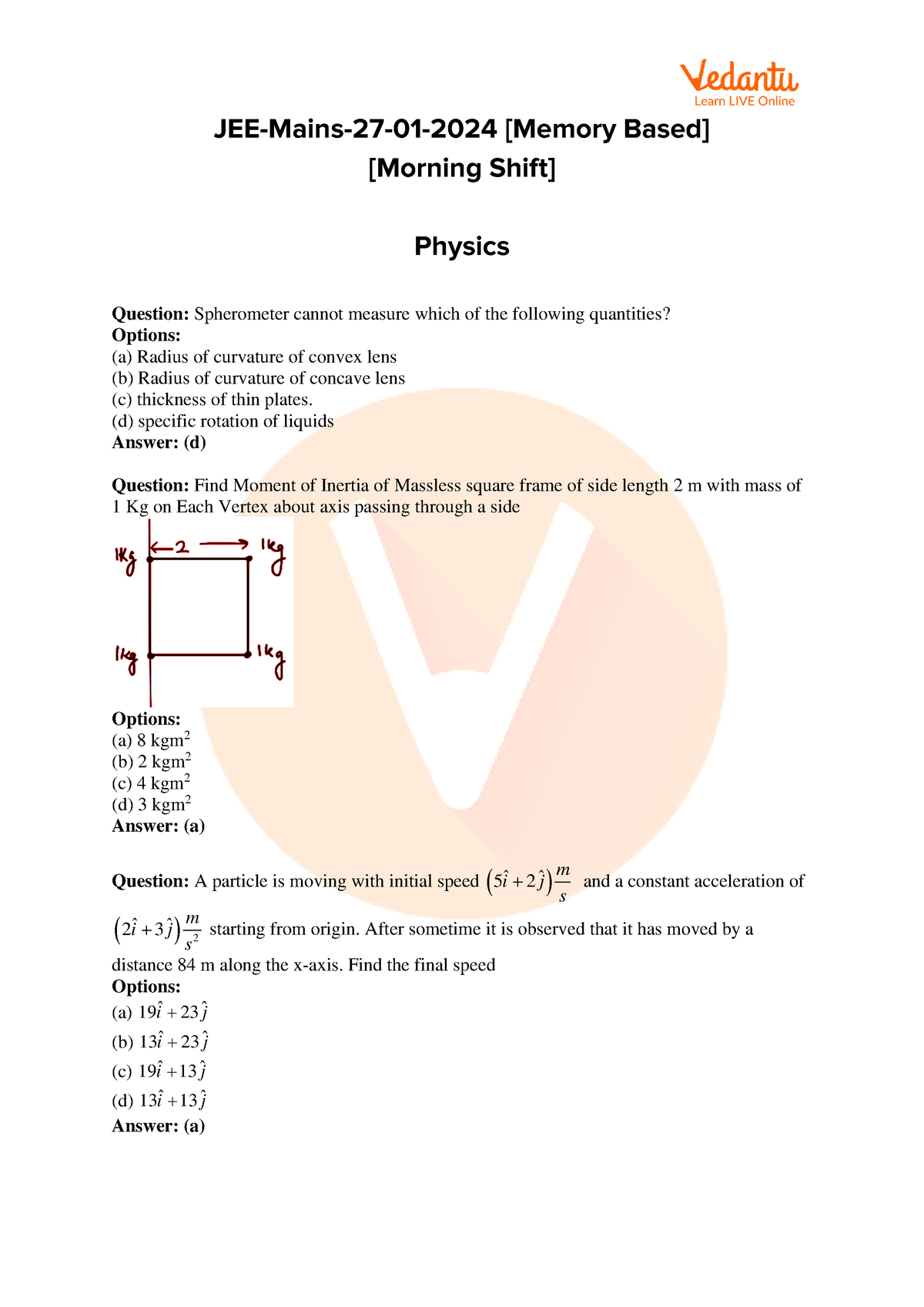 JEE Mains 2024 27 Jan Shift 1 Paper with Solutions [PDF] JEEMains