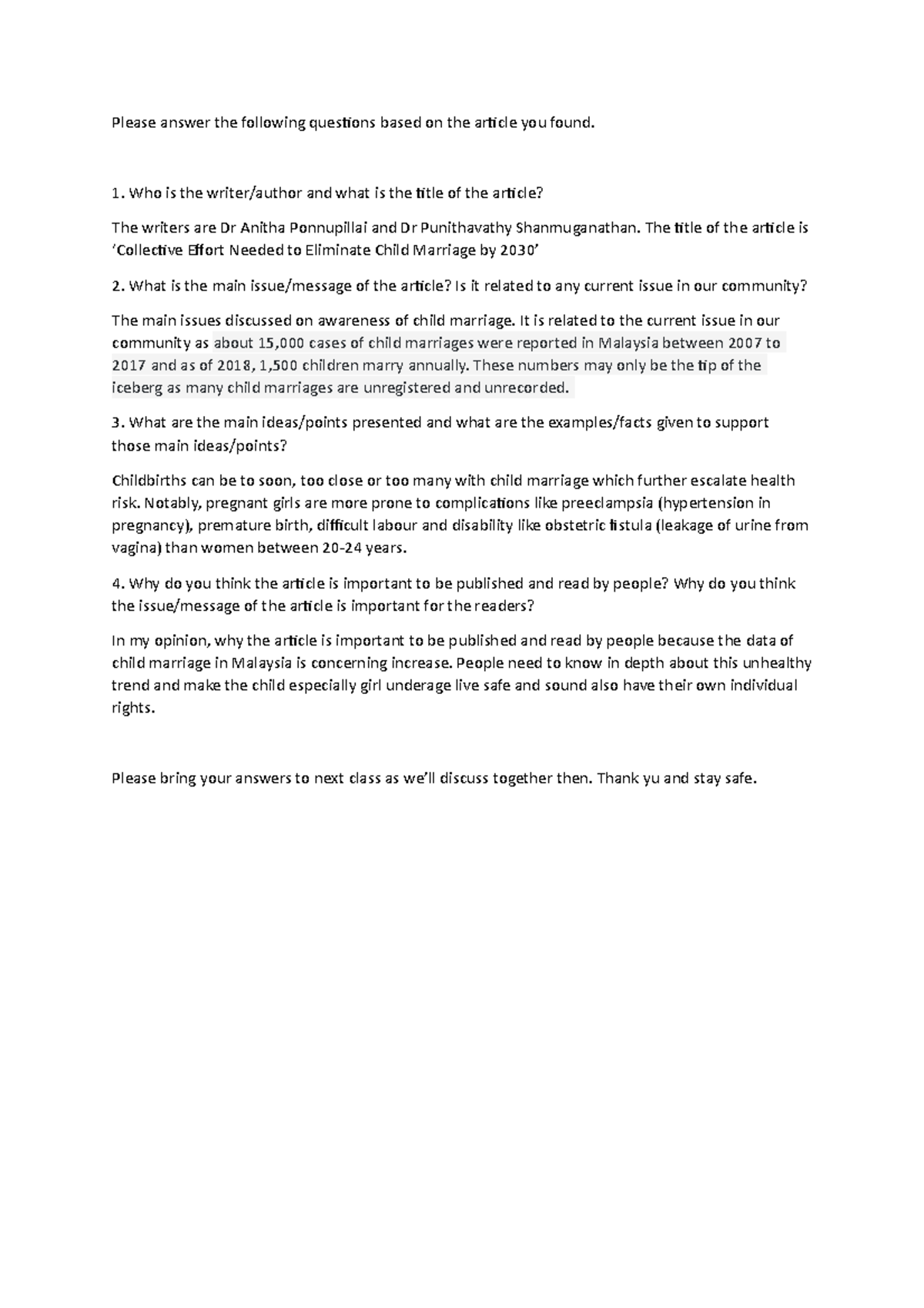 Article reflection ELC Please answer the following questions based on