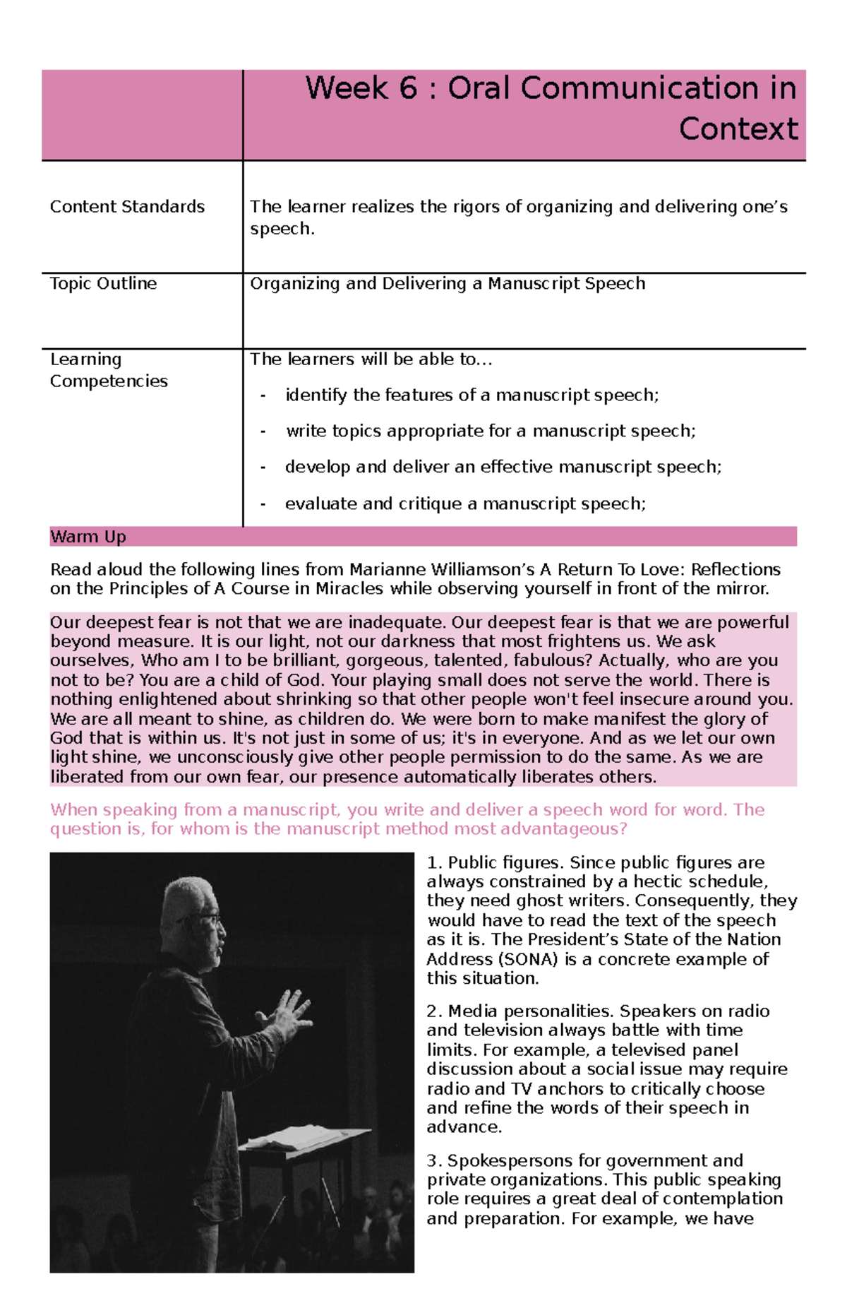 Oral Communication, Week 6 Week 6 Oral Communication in Context Content Standards The