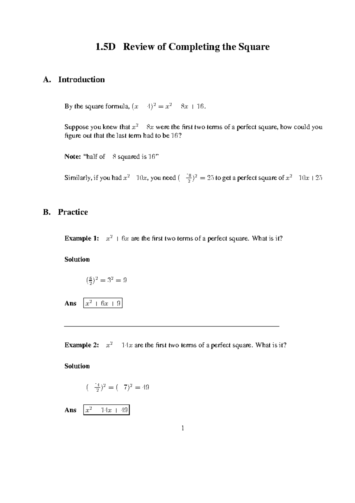 1 5D Review Of Completing The Square Introduction By The Square
