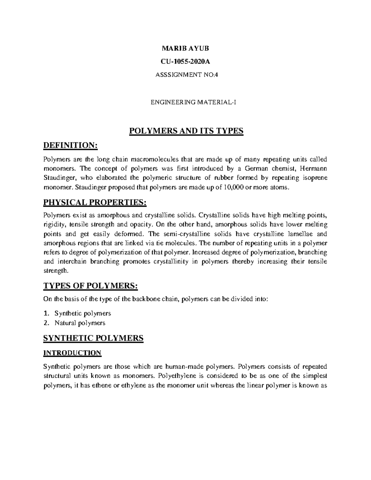 Assignment 4 Engineering Material-1 - MARIB AYUB CU-1055-2020A ...