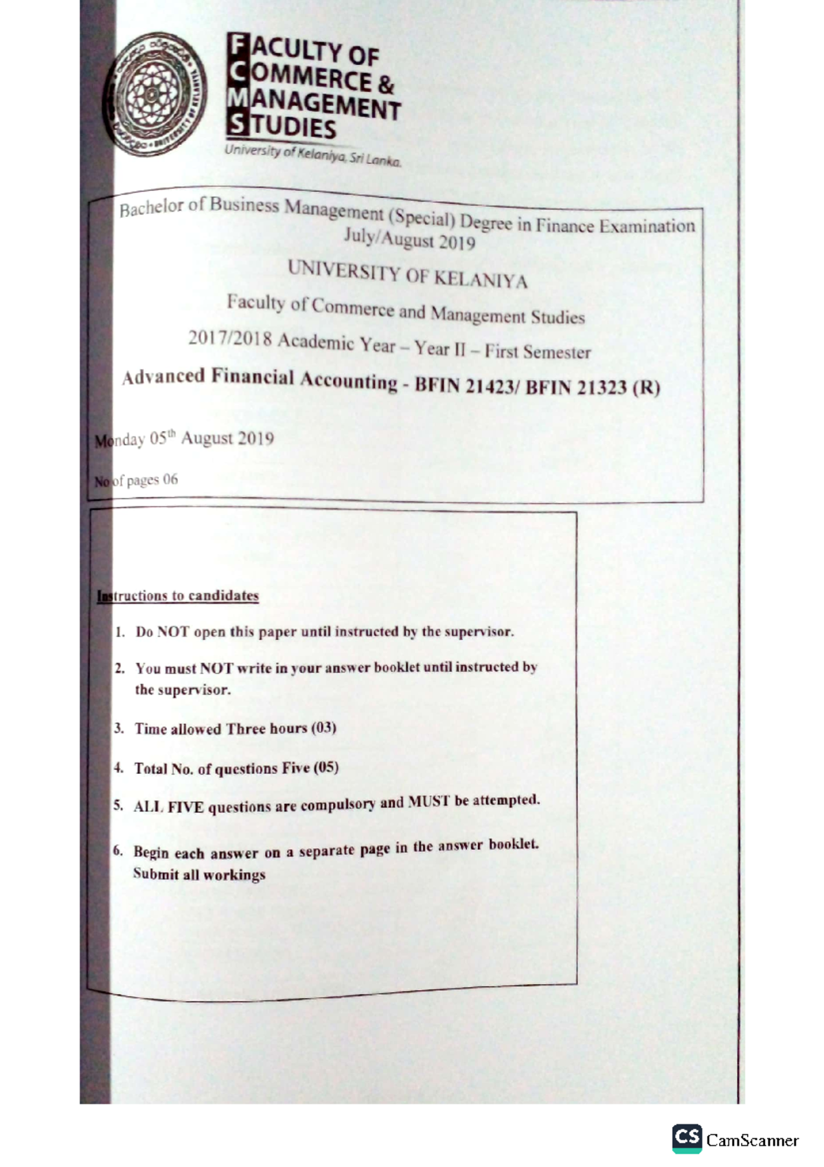 Past Paper - Advanced Financial Accounting - Operations Management ...