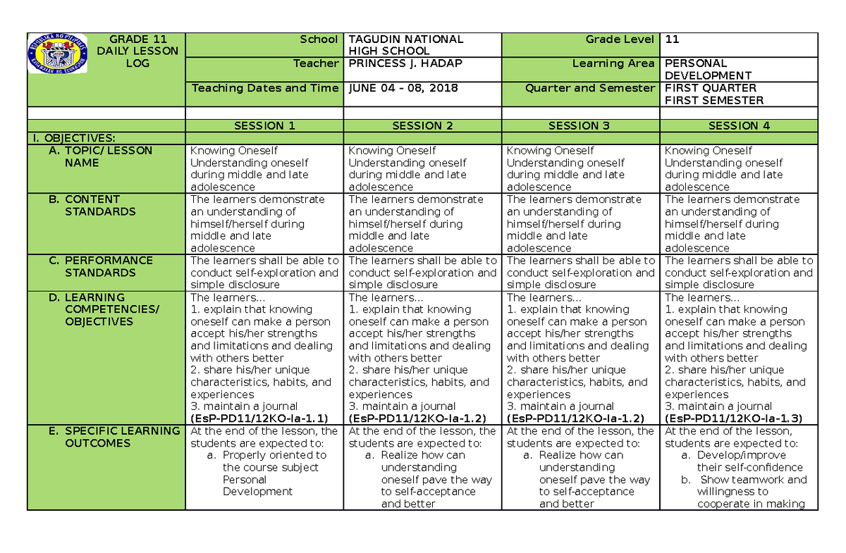 Dll Perdev 1st Week Educational Grade 11 Daily Lesson Log School Images And Photos Finder 7315