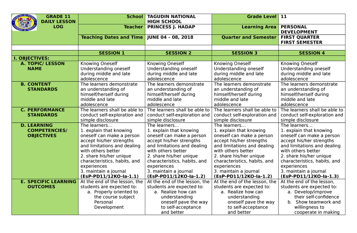 DLL 1 GRADE 11 DAILY LESSON LOG School TAGUDIN NATIONAL HIGH SCHOOL 