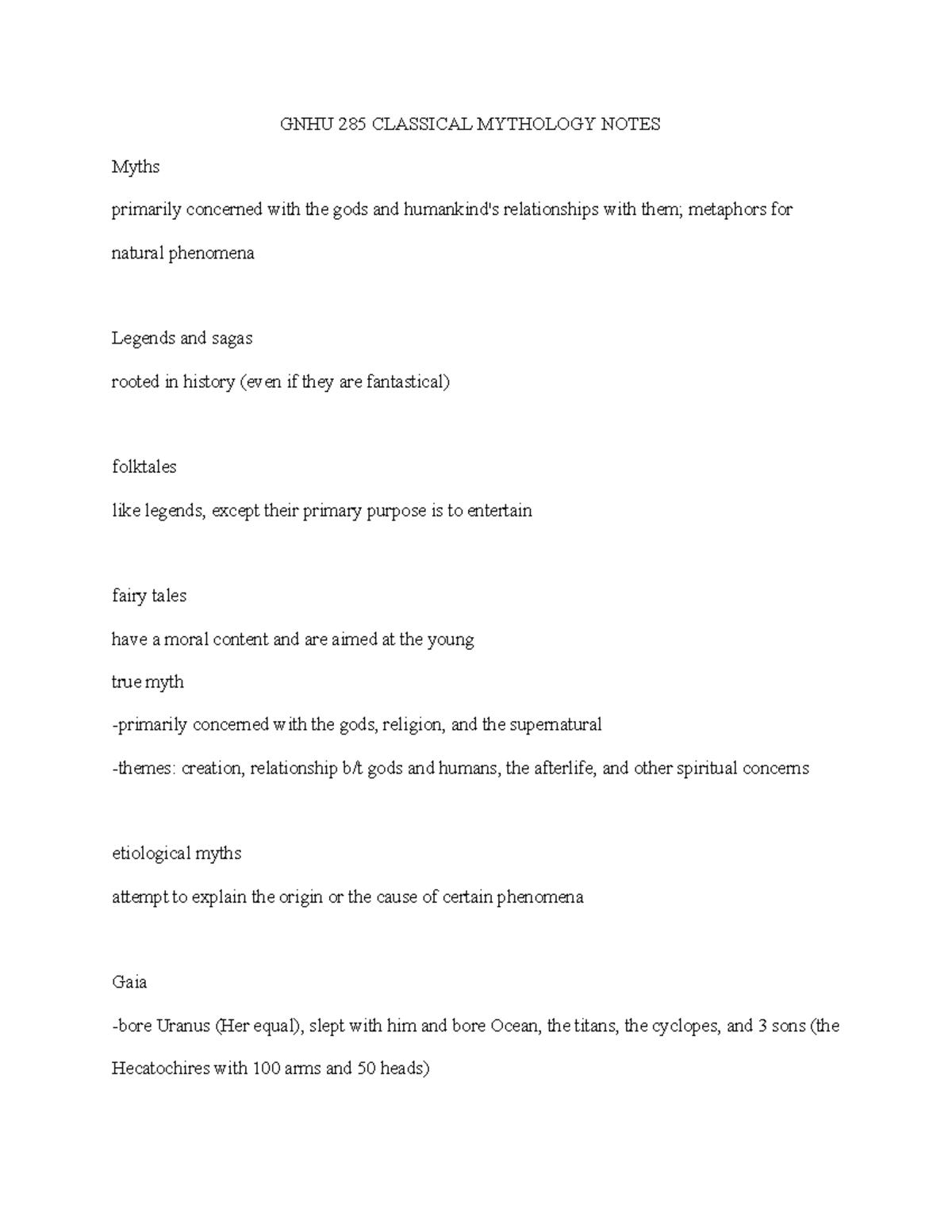 GNHU 285 Classical Mythology Notes - GNHU 285 CLASSICAL MYTHOLOGY NOTES ...