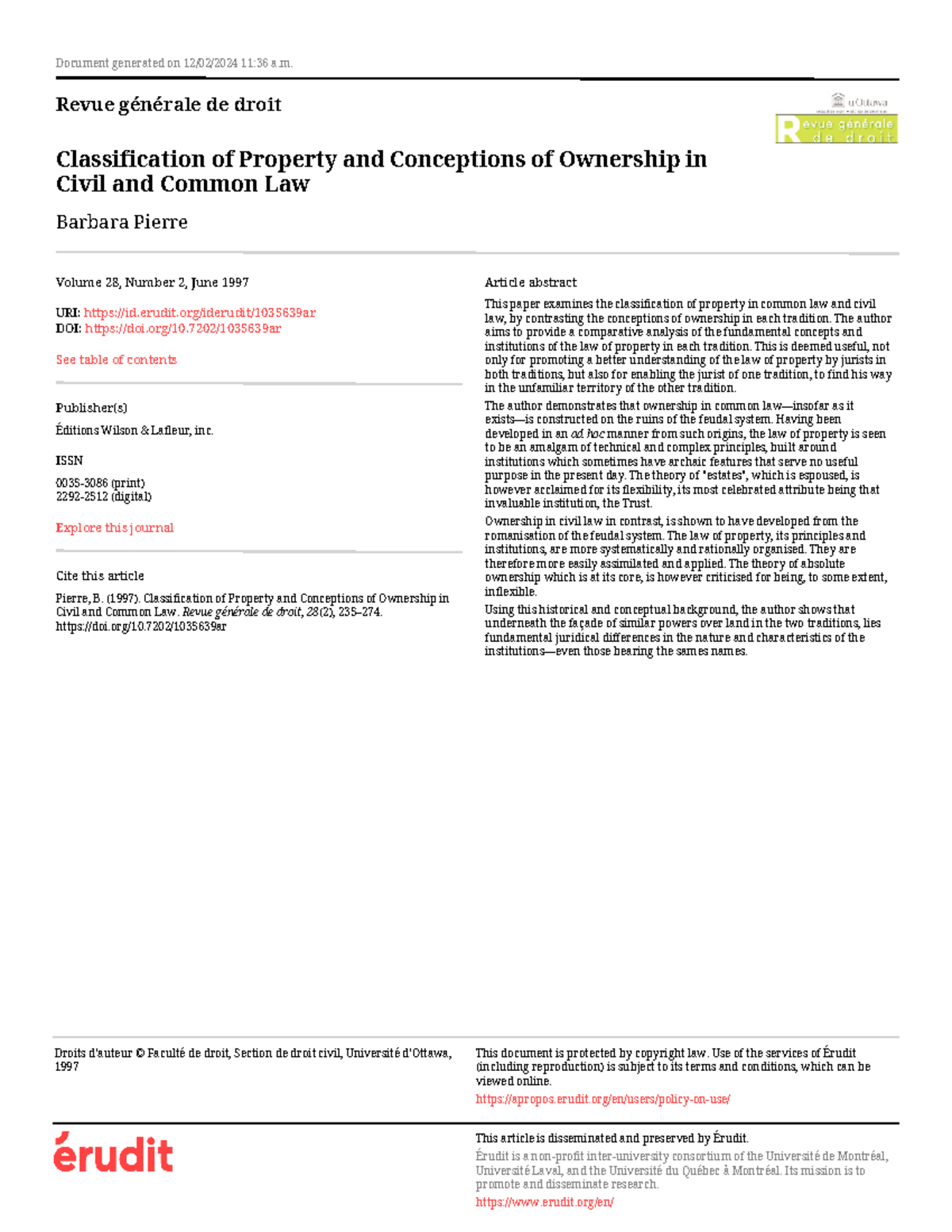 Classification of Property and Conceptions of Ownership in Civil and ...