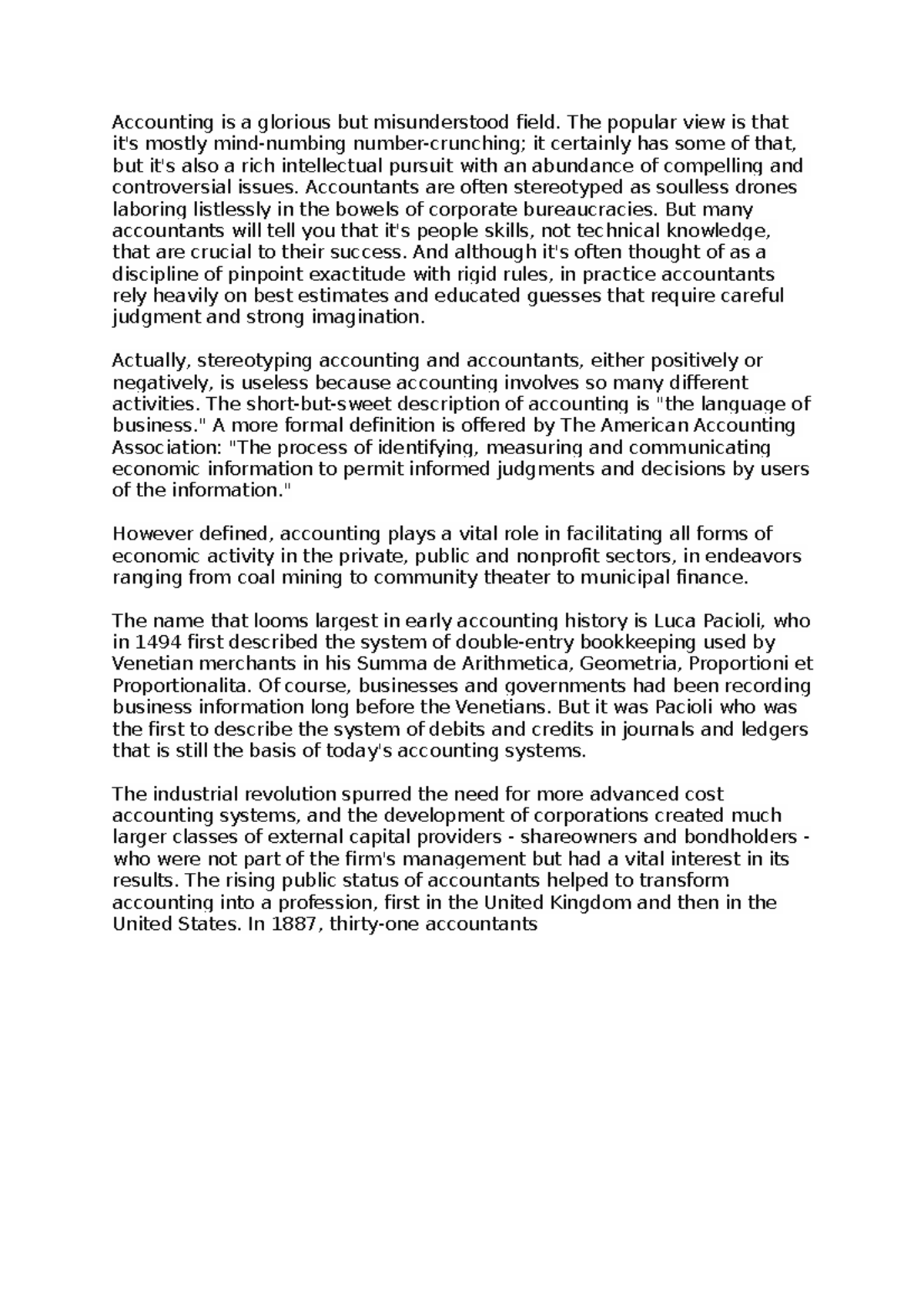 Accounting essay - Accounting is a glorious but misunderstood field ...