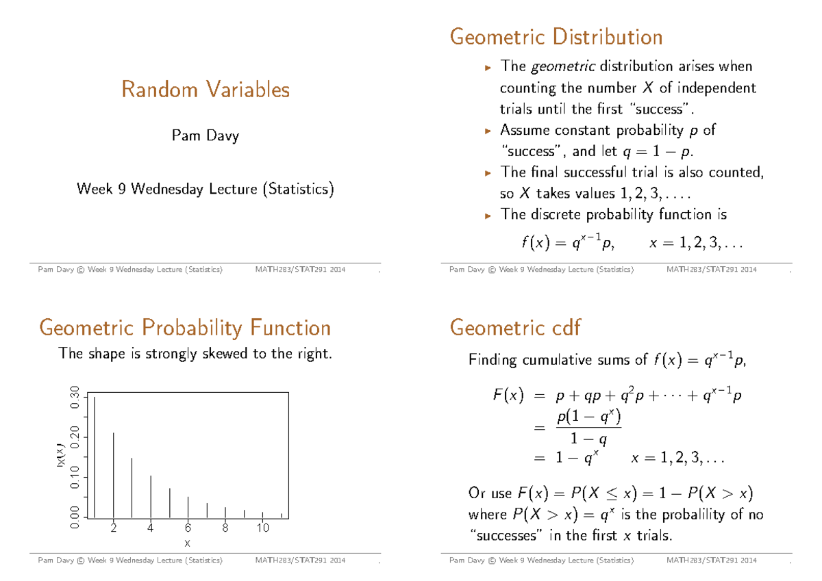 Lecture slides, lecture 9 - stat wed - Random Variables Pam Davy Week 9 ...