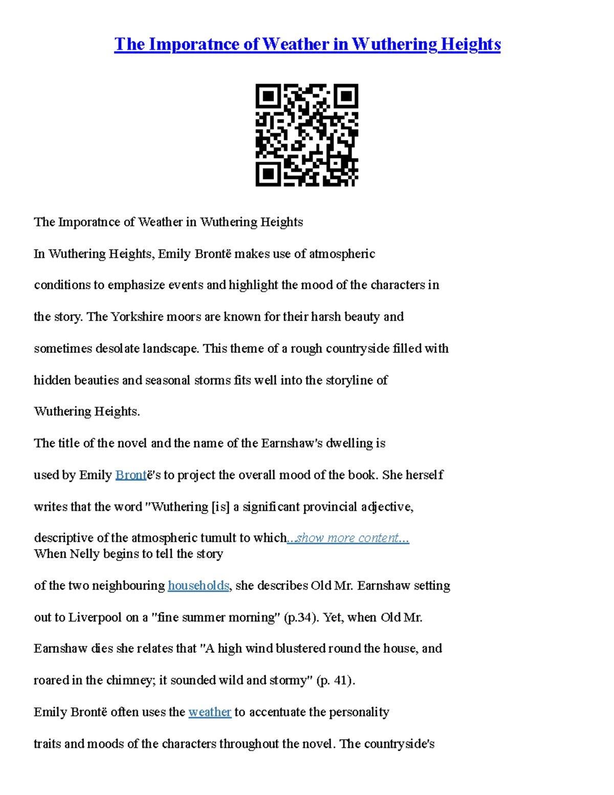 Wuthering Heights Essay Topics The Imporatnce of Weather in Wuthering