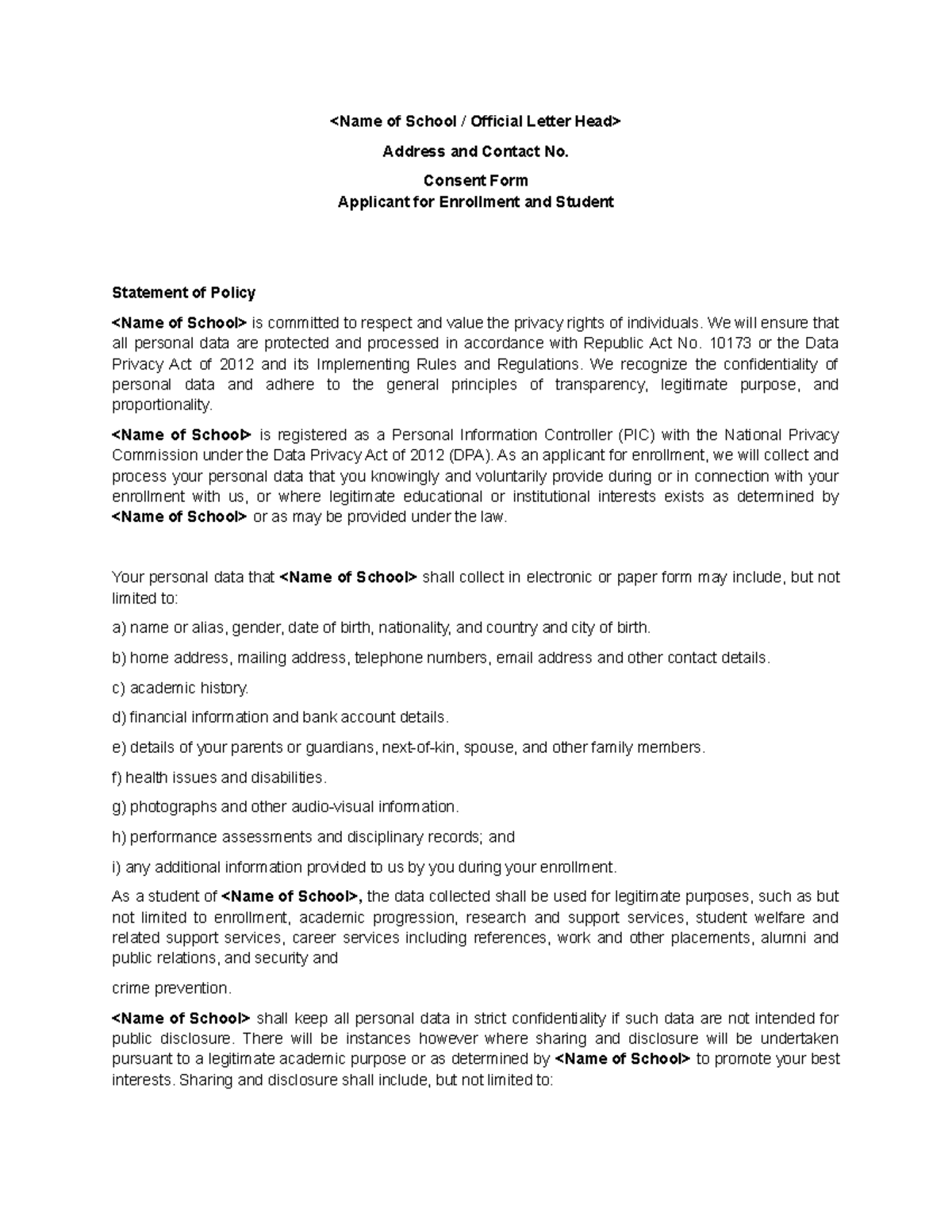 Sample DATA Privacy Consent FORM FOR Students - - Studocu
