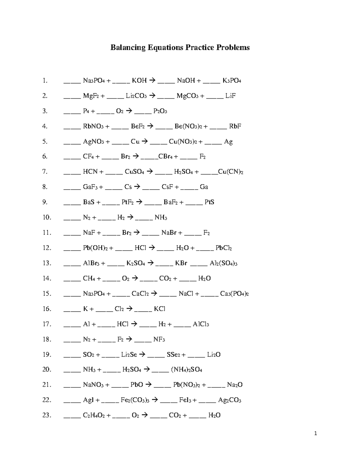 Balancing Equations Practice Problems - Studocu