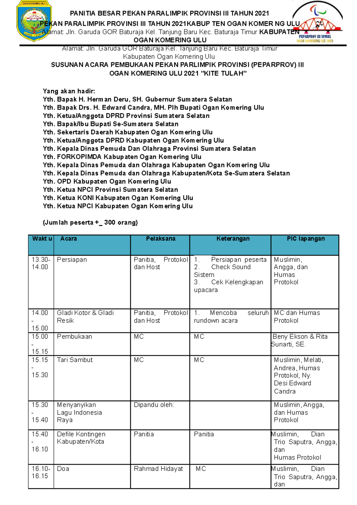 Rundown Opening Ceremony - PANITIA BESAR PEKAN PARALIMPIK PROVINSI III ...