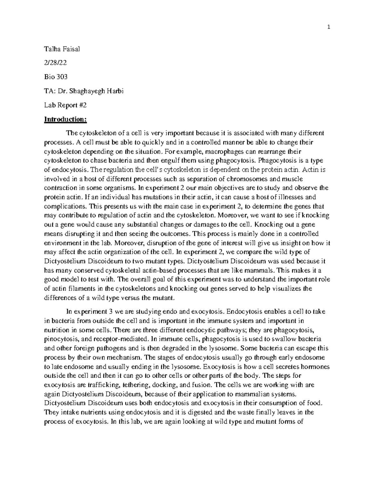 Talha Faisal Lab Report #2 Bio 303 - Talha Faisal 2/28/ Bio 303 TA: Dr ...