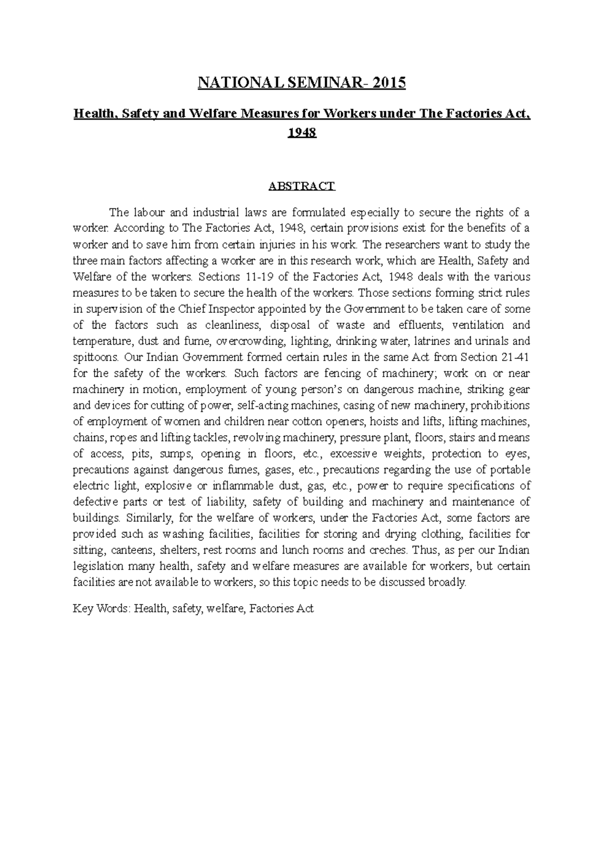 257957519 Health Safety and Welfare Measures of workers under The