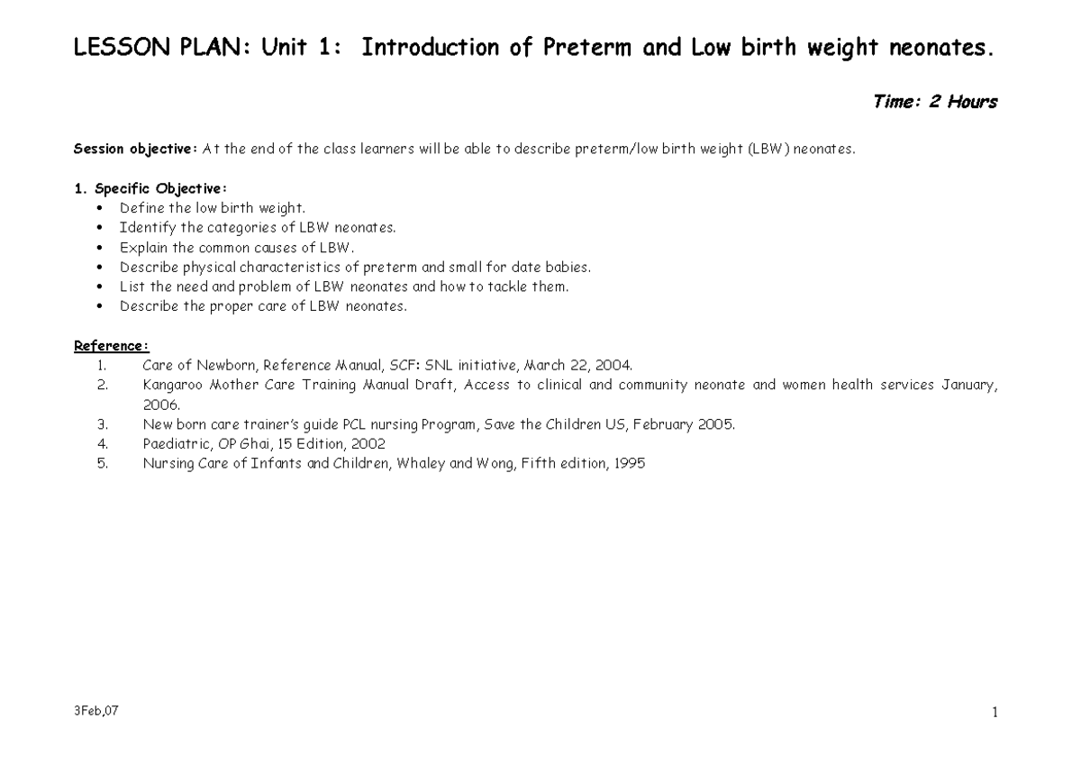 7400498 - presentation - LESSON PLAN: Unit 1: Introduction of Preterm ...