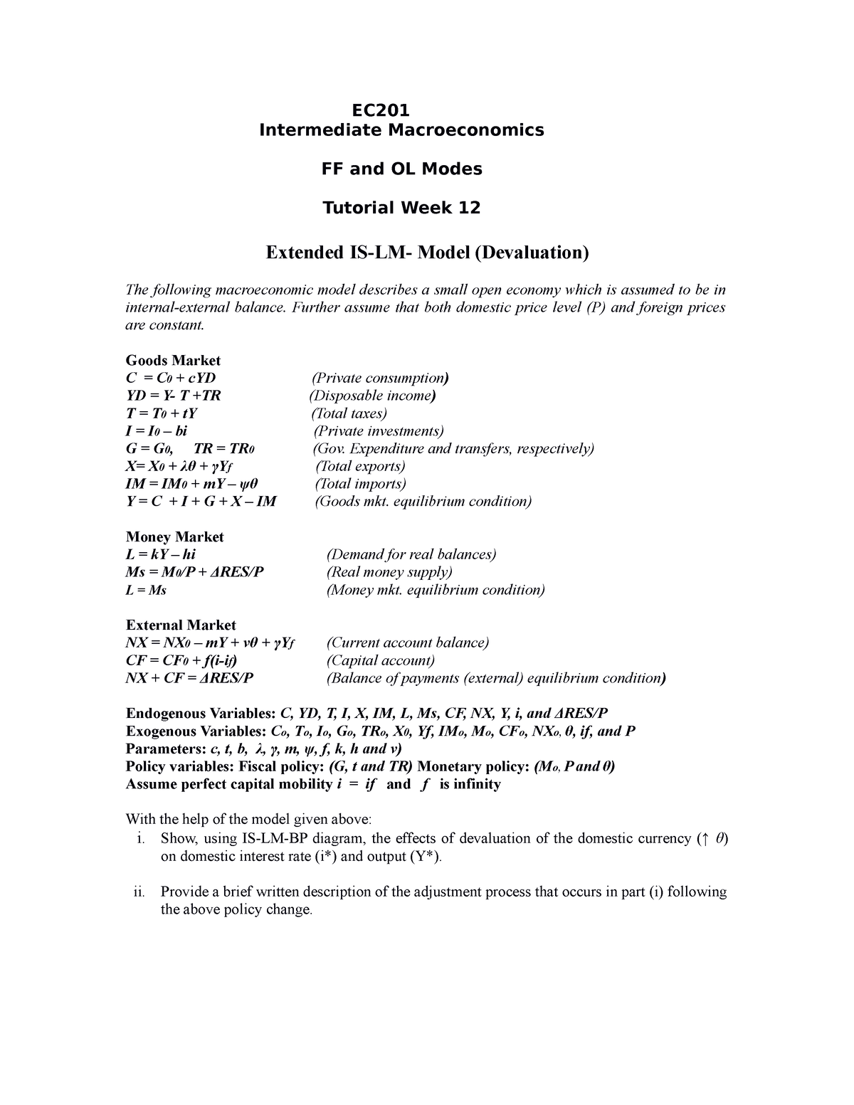 Tut.12- Ec201 - Tutorial - EC Intermediate Macroeconomics FF And OL ...