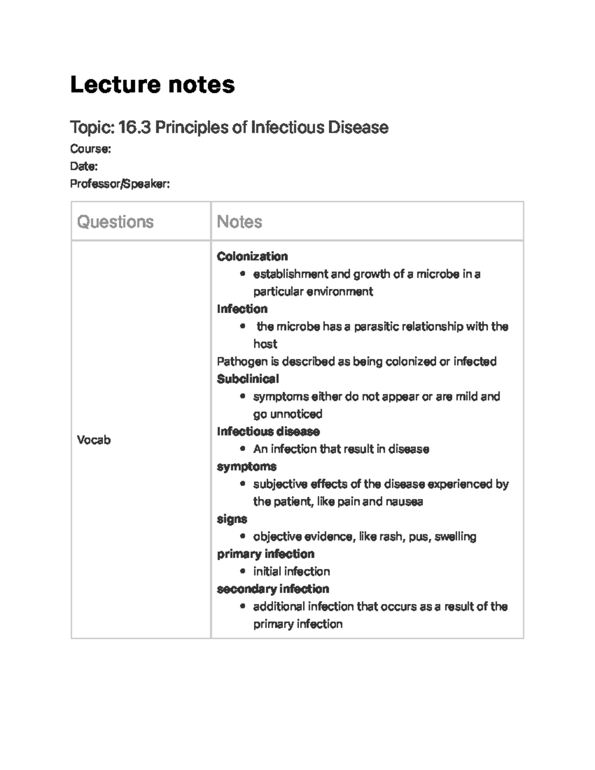 Principles of infectious disease - Le c t u re n o te s Topic: 16 ...