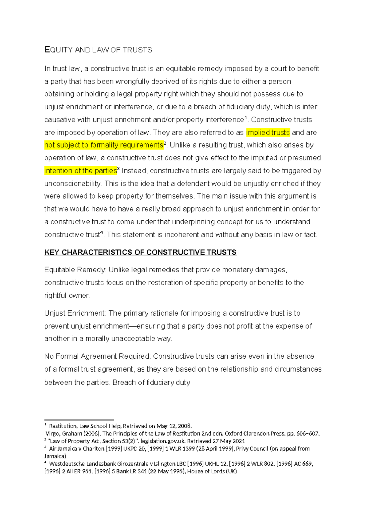 Equity AND LAW OF Trusts - EQUITY AND LAW OF TRUSTS In trust law, a ...